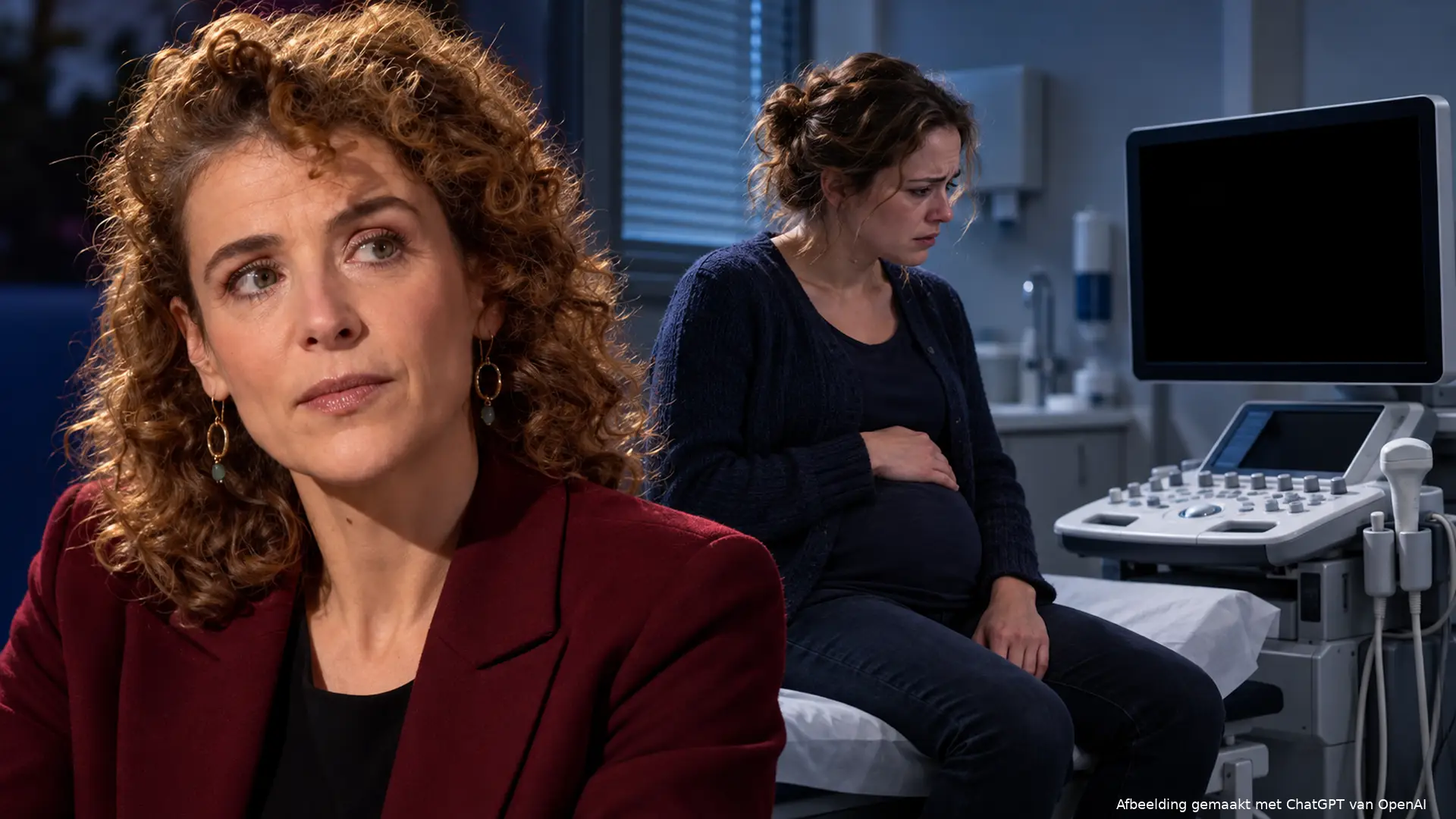 Illustratie van Sophie Hermans naast een bezorgde zwangere vrouw bij een echoapparaat met een zwart scherm.