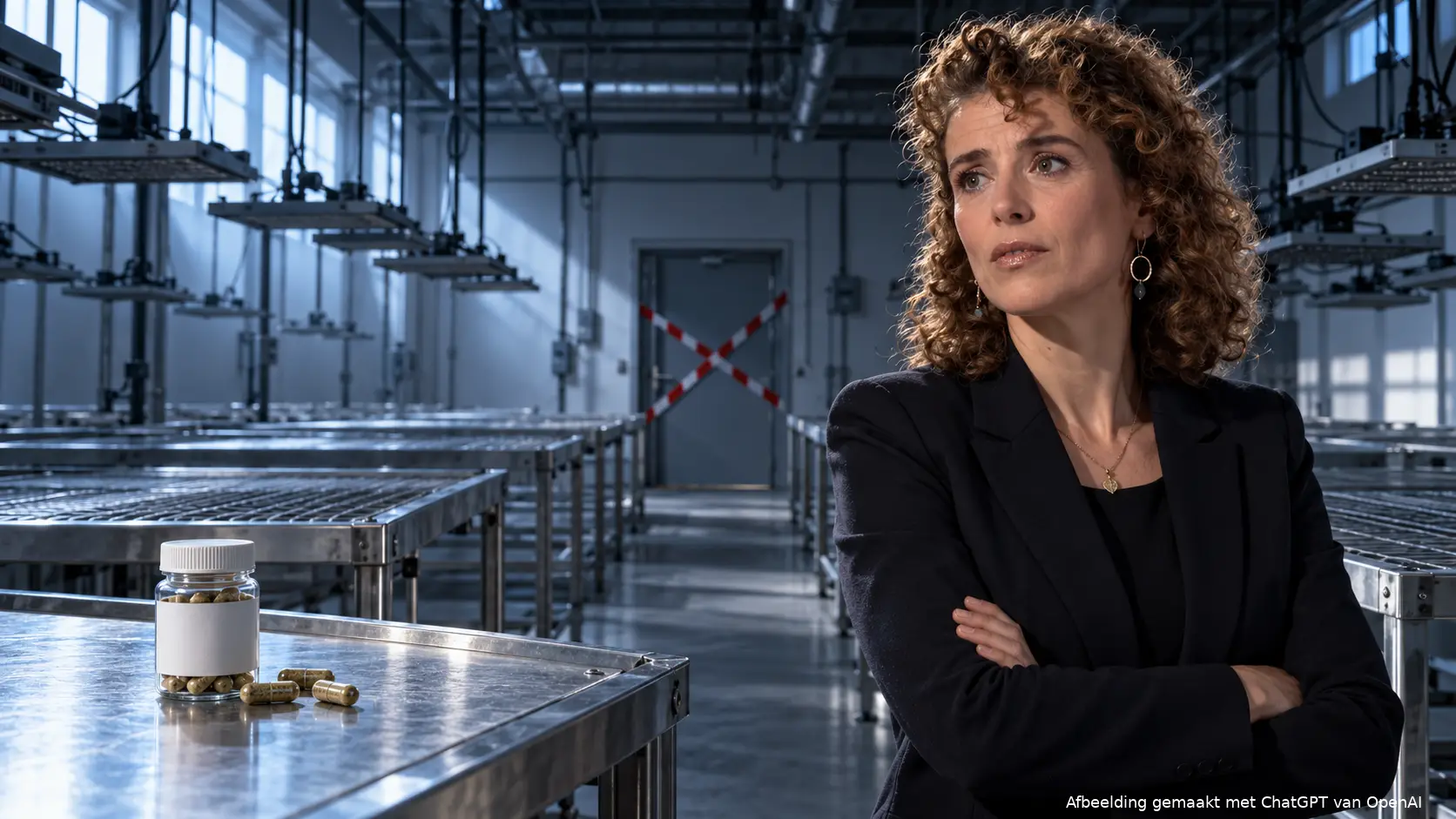 Illustratie van Sophie Hermans in een lege kweekhal met uitgeschakelde groeilampen, een verzegelde deur en een medicijnpotje op de voorgrond.
