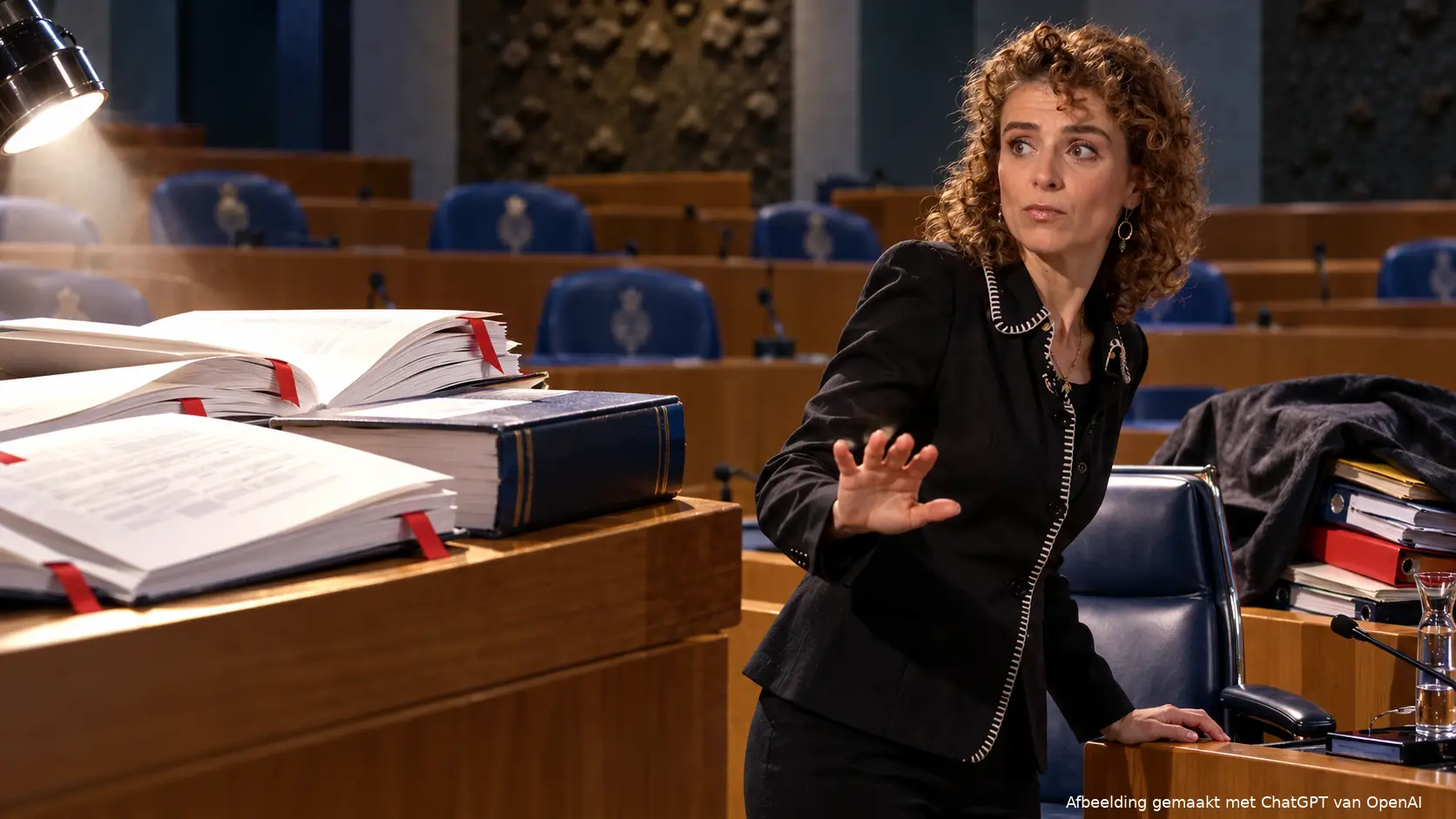 Illustratie van Sophie Hermans. Illustratie van opengeslagen onderzoeksrapporten en een wetboek op een parlementair spreekgestoelte tegenover een lege ministeriële stoel met weggemoffelde dossiers.