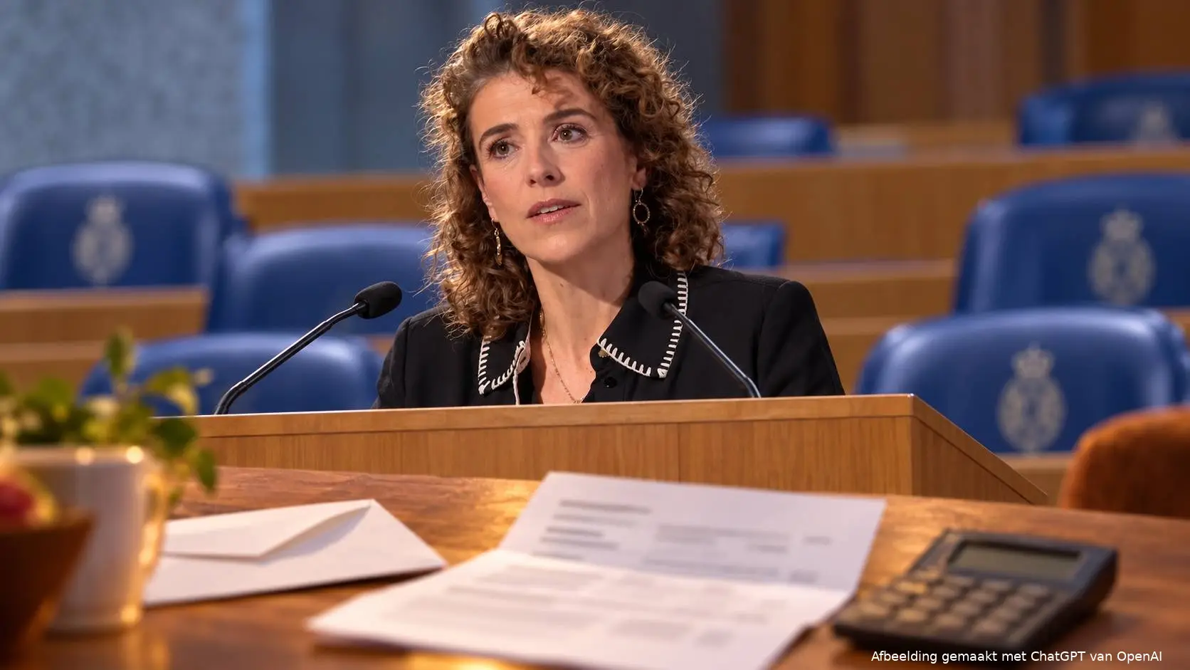 Illustratie van Sophie Hermans achter het spreekgestoelte in de Tweede Kamer, met op de voorgrond een zorgverzekeringsbrief en een rekenmachine op een keukentafel.