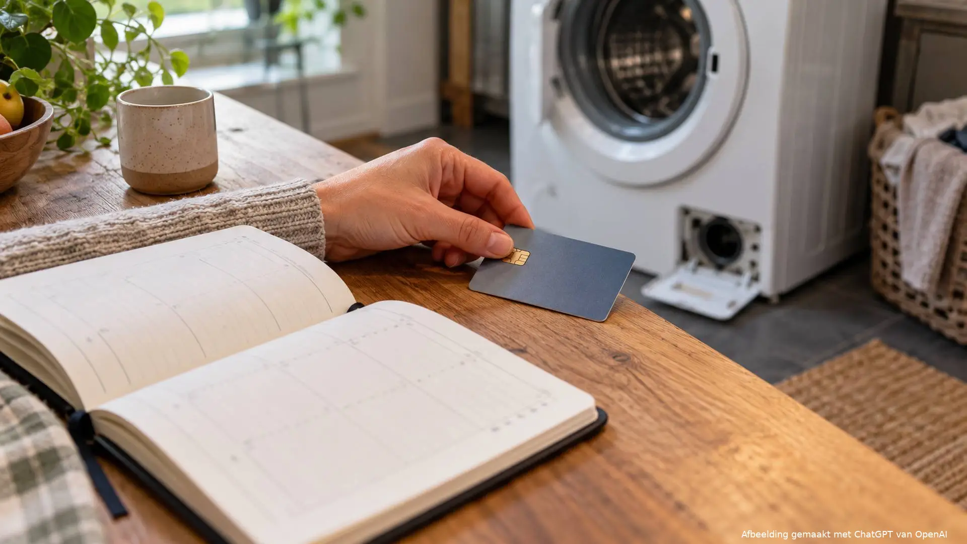 Hand legt een betaalpas naast een agenda, met een wasmachine op de achtergrond.