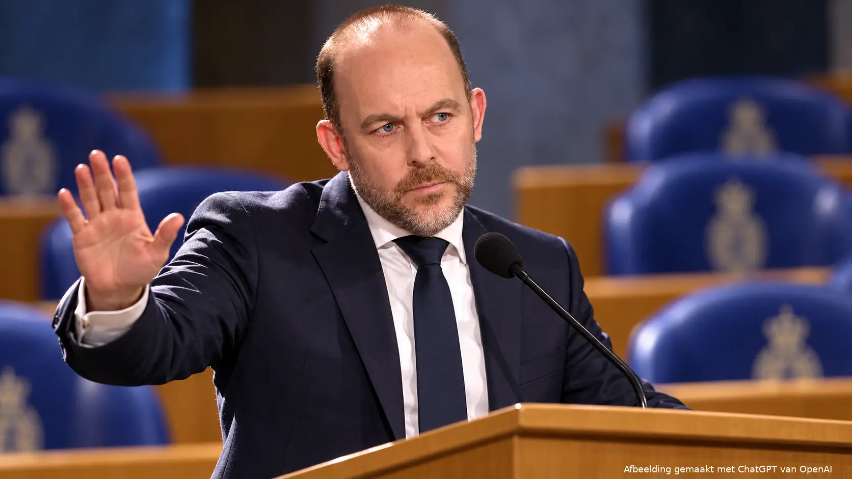 AI-illustratie van minister Bart van den Brink achter het spreekgestoelte in de Tweede Kamer.