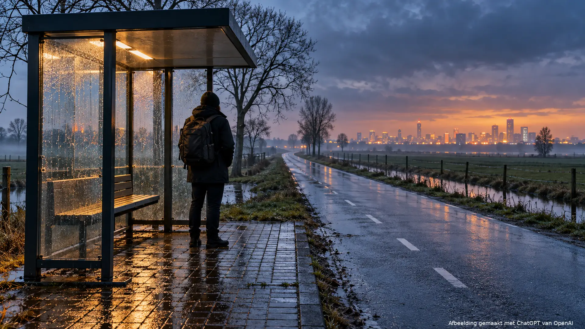 Eenzame reiziger bij lege bushalte op het platteland, verlichte stad in de verte: staking streekvervoer