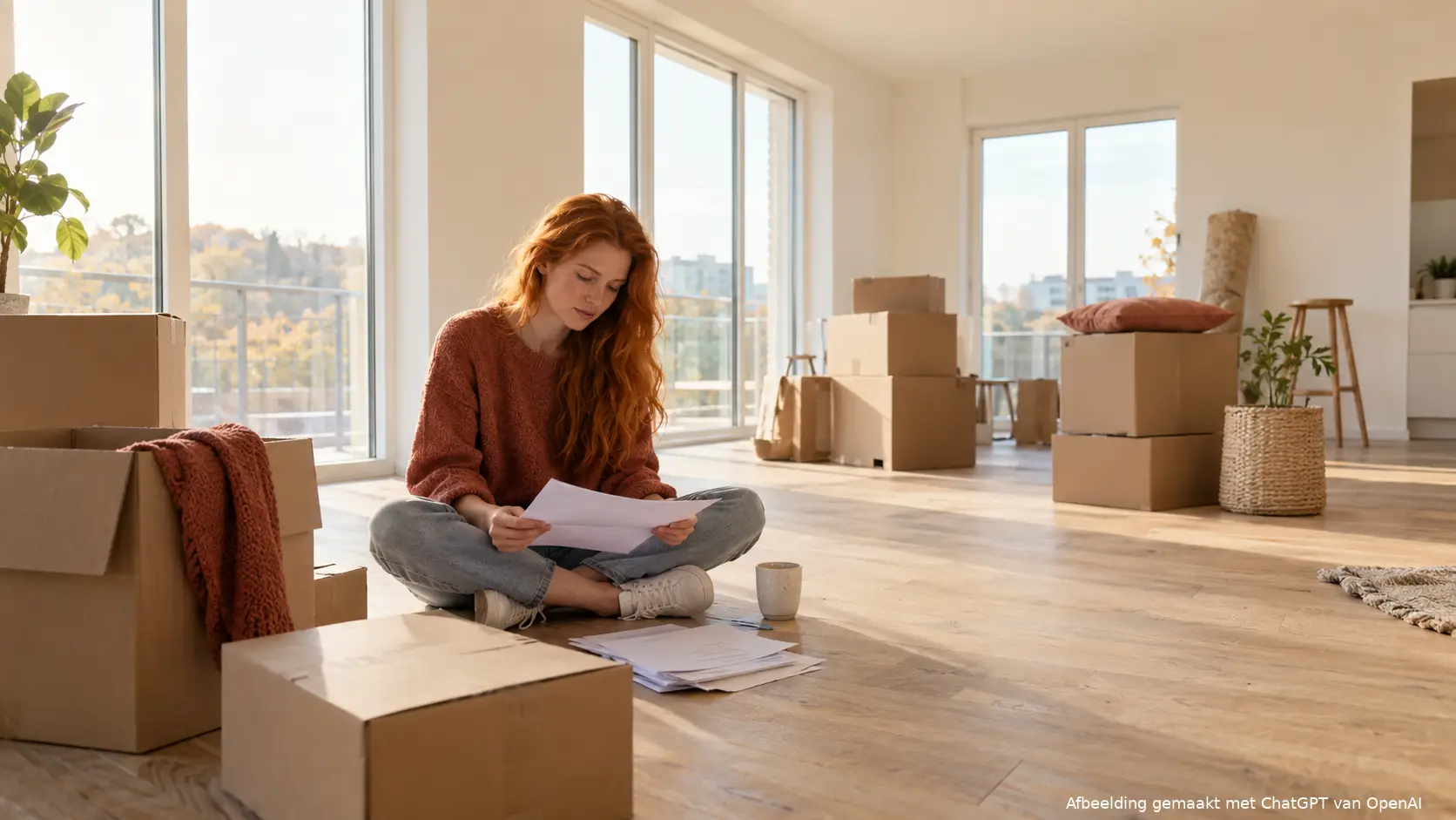 Jonge vrouw met lang rood haar zit op de vloer van een lege nieuwbouwwoning tussen verhuisdozen en bekijkt een stapel papieren