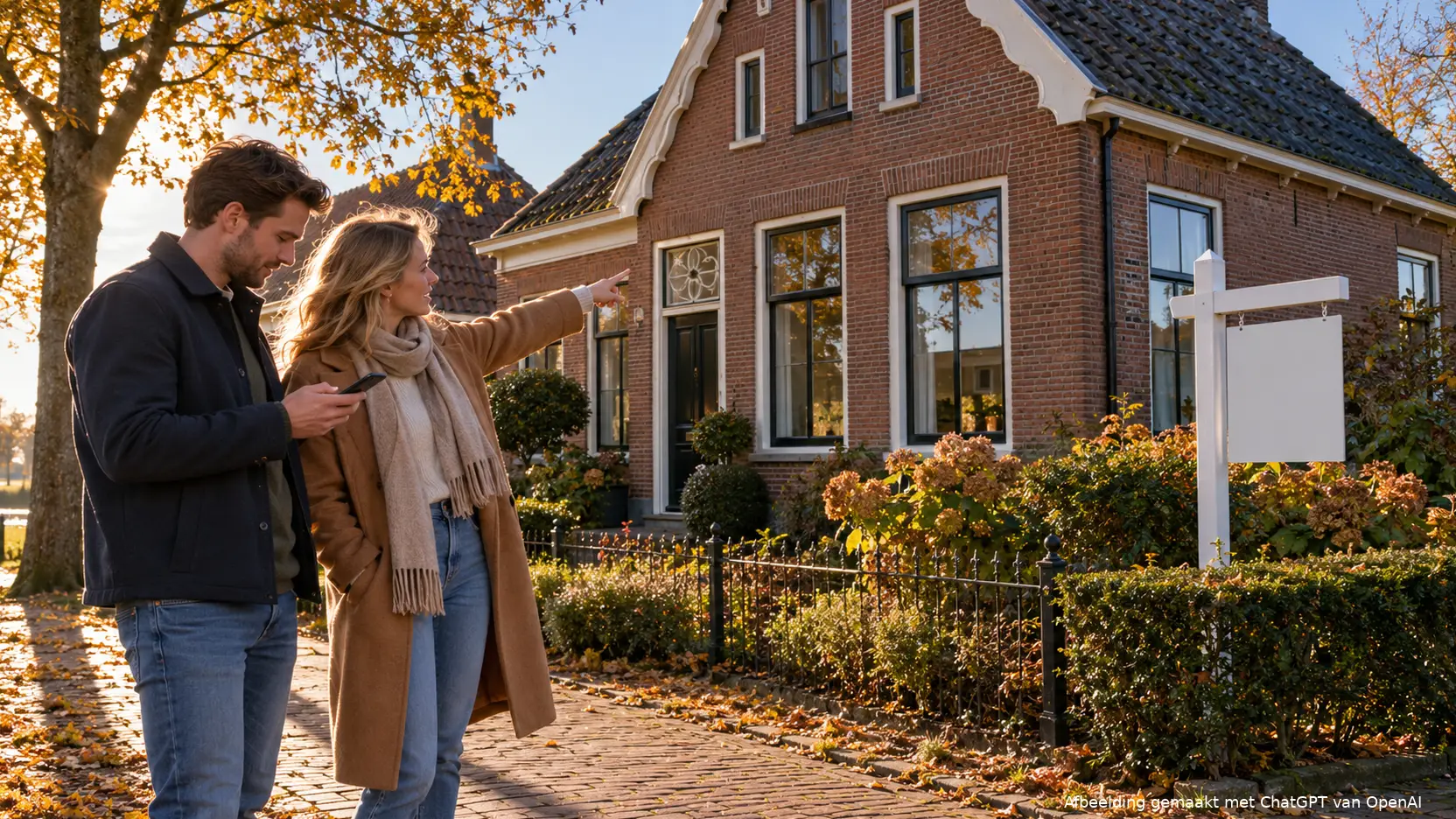 Stel van in de dertig staat voor een bakstenen huis dat te koop staat en bekijkt het samen
