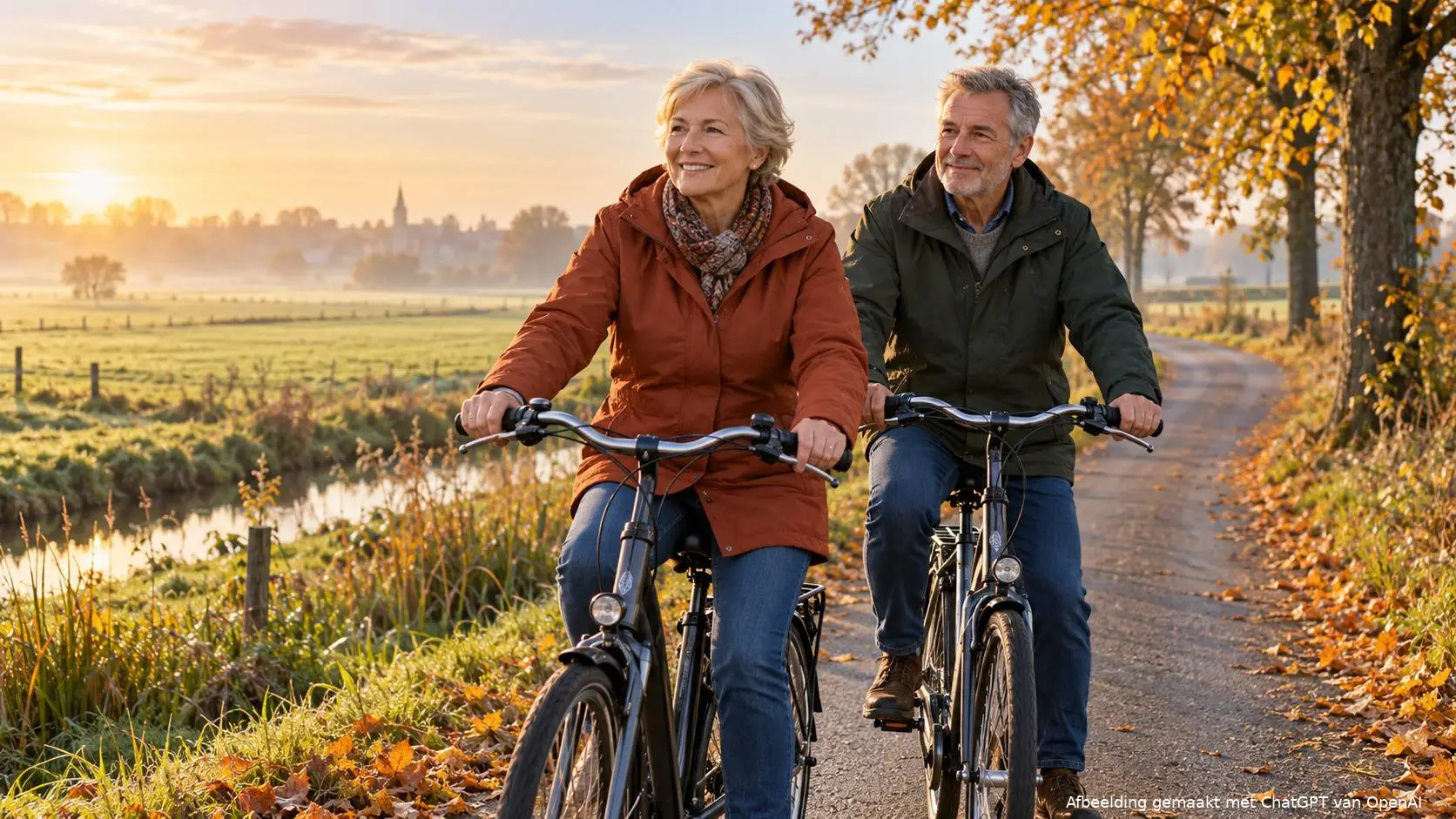 Stel van begin zestig fietst op een doordeweekse herfstochtend over een landweggetje