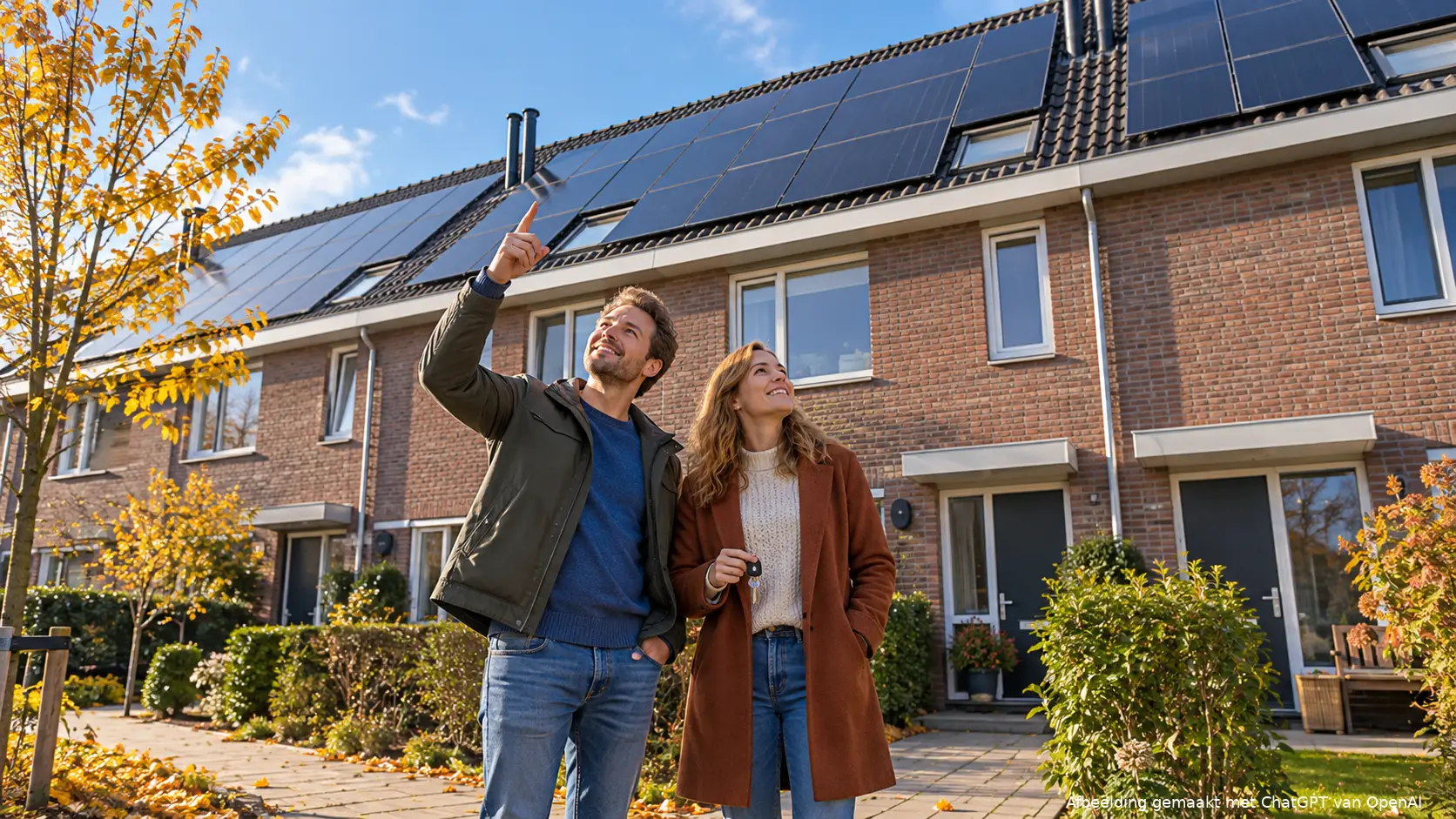 Stel bekijkt de zonnepanelen op het dak van hun rijtjeshuurwoning; de man wijst omhoog en de vrouw houdt een fietssleutel vast.