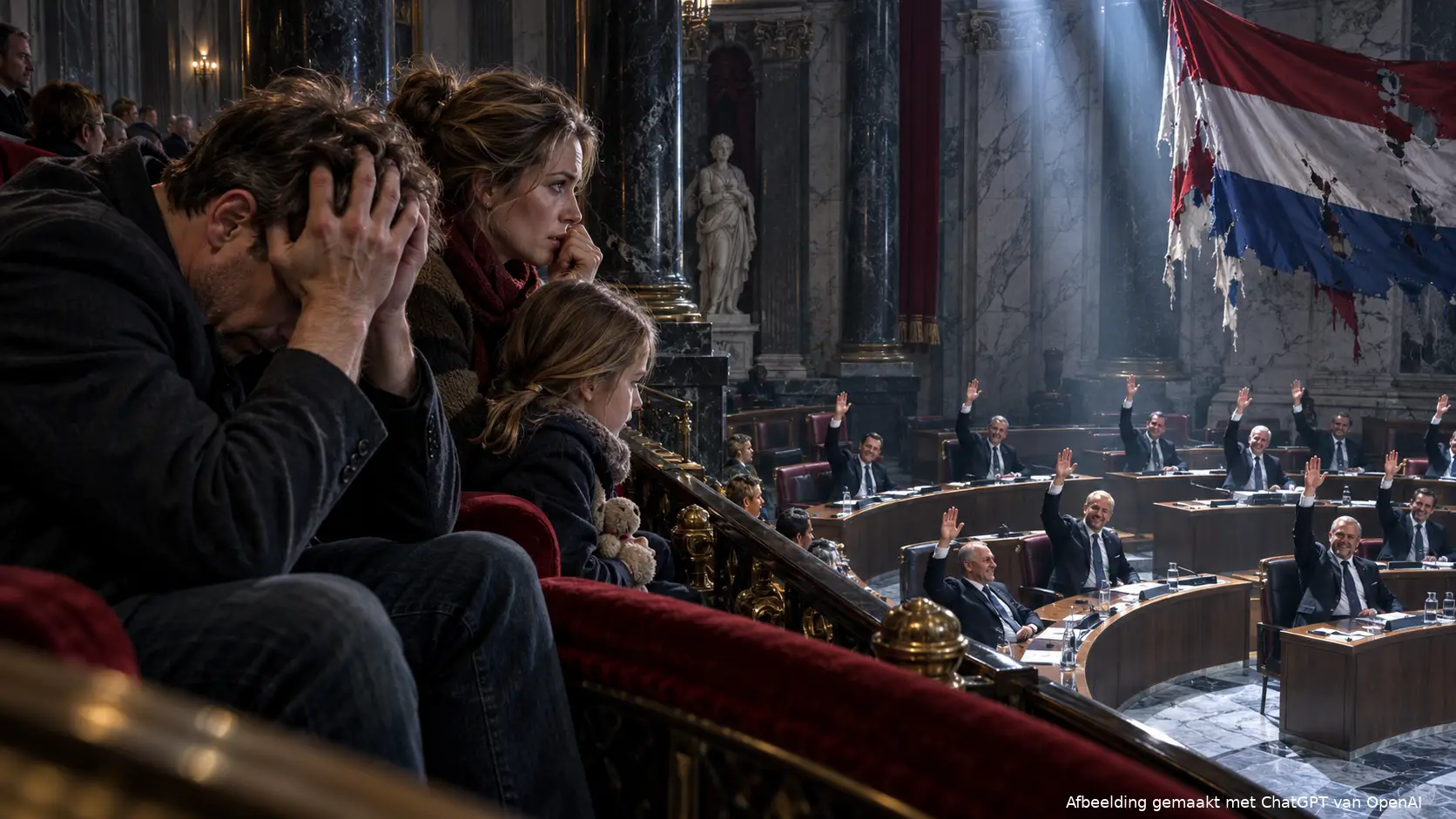 Cinematografische illustratie van protesterende burgers op de tribune terwijl het partijkartel vóór meer asielopvang stemt.