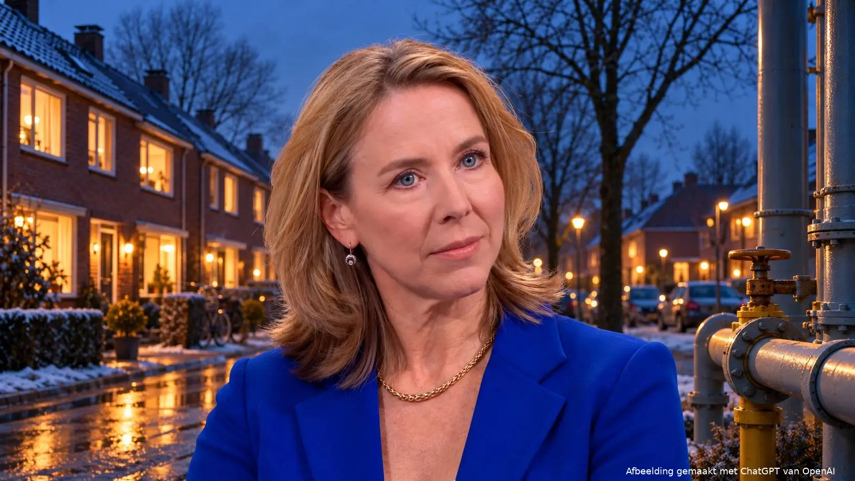 Fotomontage van Stientje van Veldhoven voor een winterse Nederlandse woonwijk met warm verlichte ramen en gasleidingen rechts.