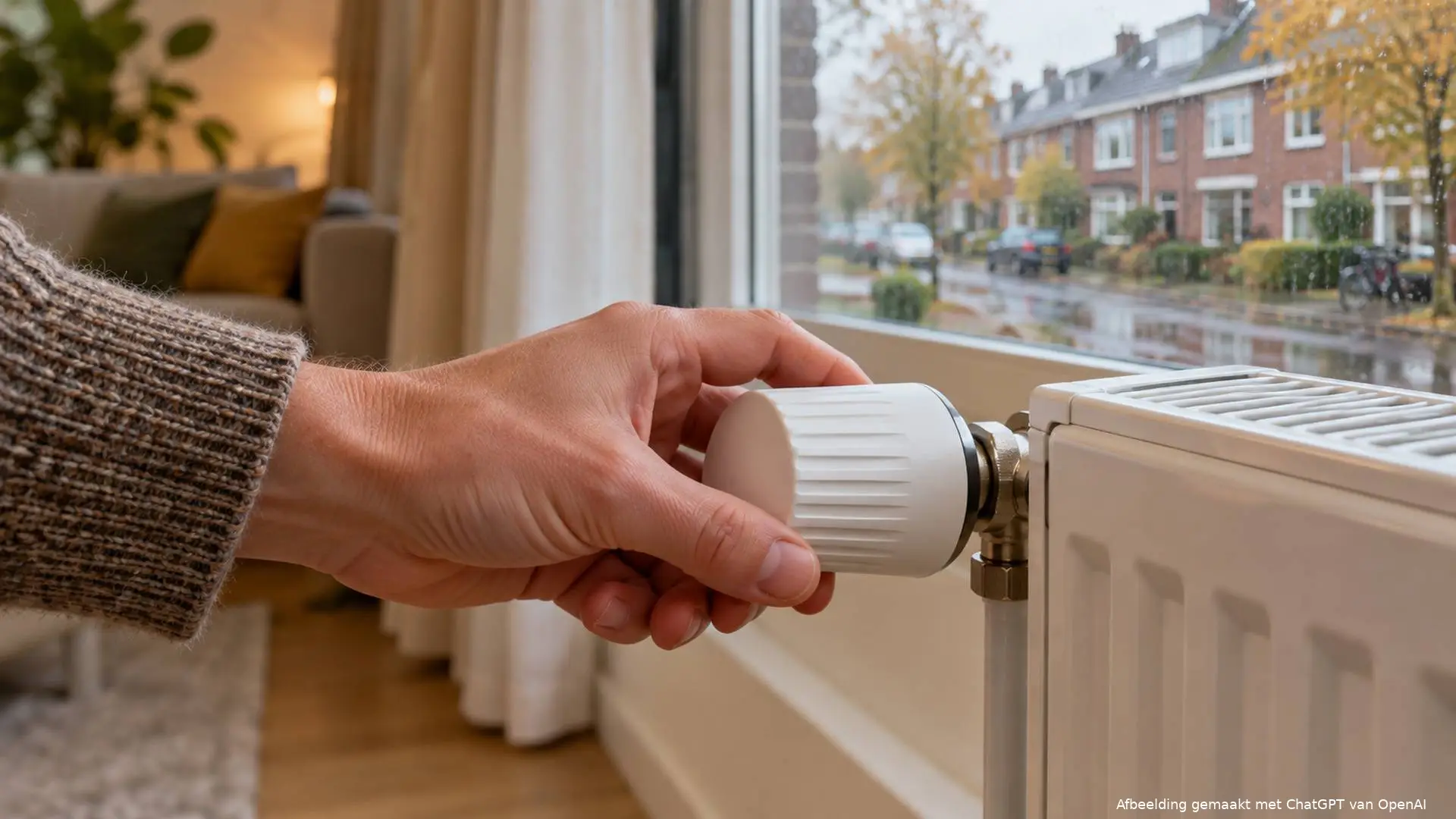 Hand draait aan de thermostaatknop van een radiator in een woonkamer.