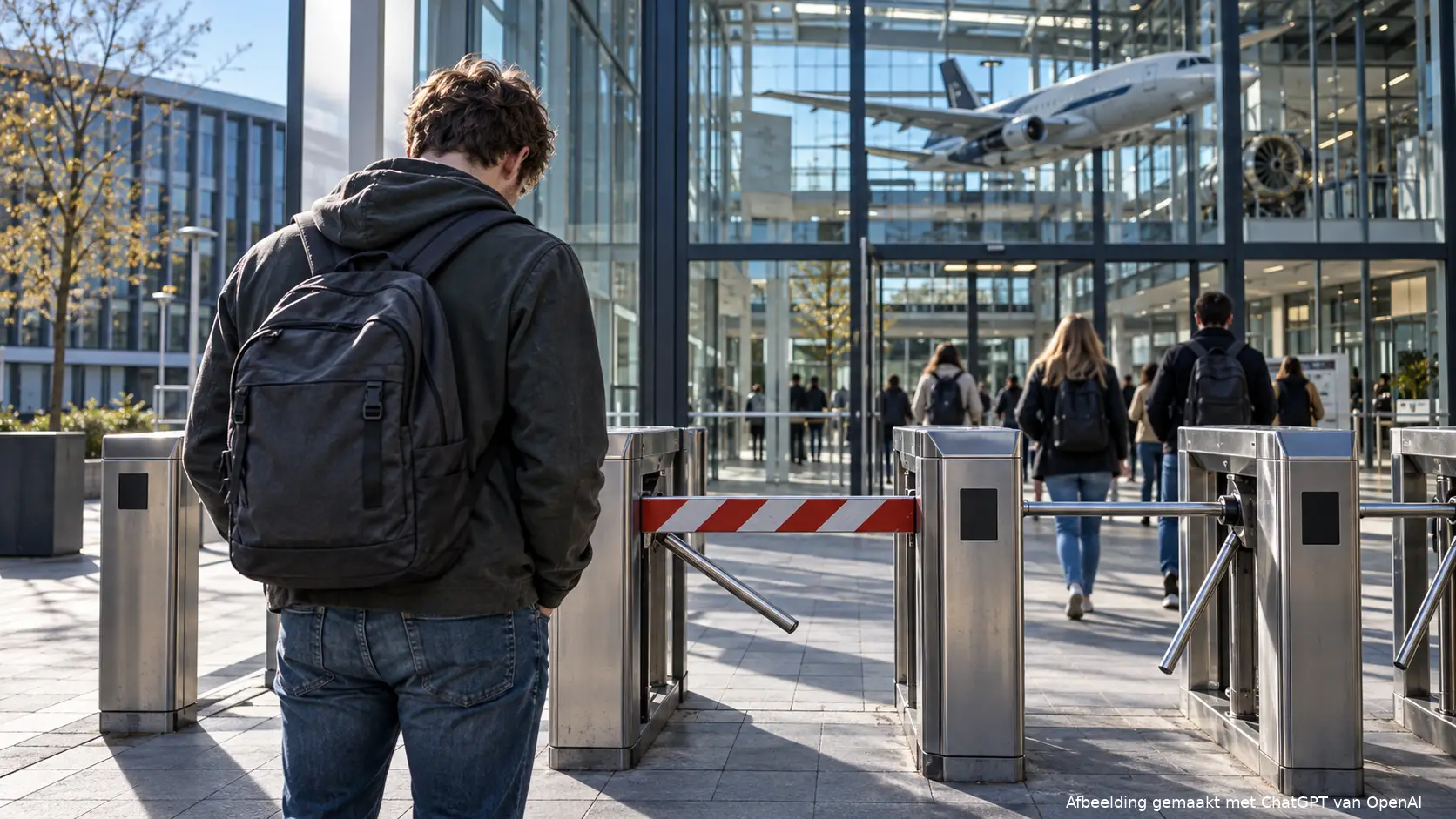 Jonge man met rugzak voor een afgesloten draaihek bij een modern universiteitsgebouw, terwijl anderen naar binnen gaan.