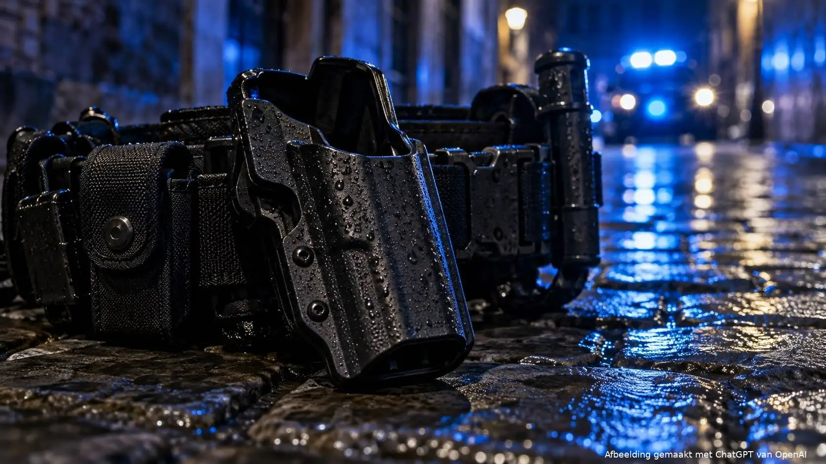 Dienstriem met een lege holster op een natte straat bij nacht, met blauw zwaailicht op de achtergrond