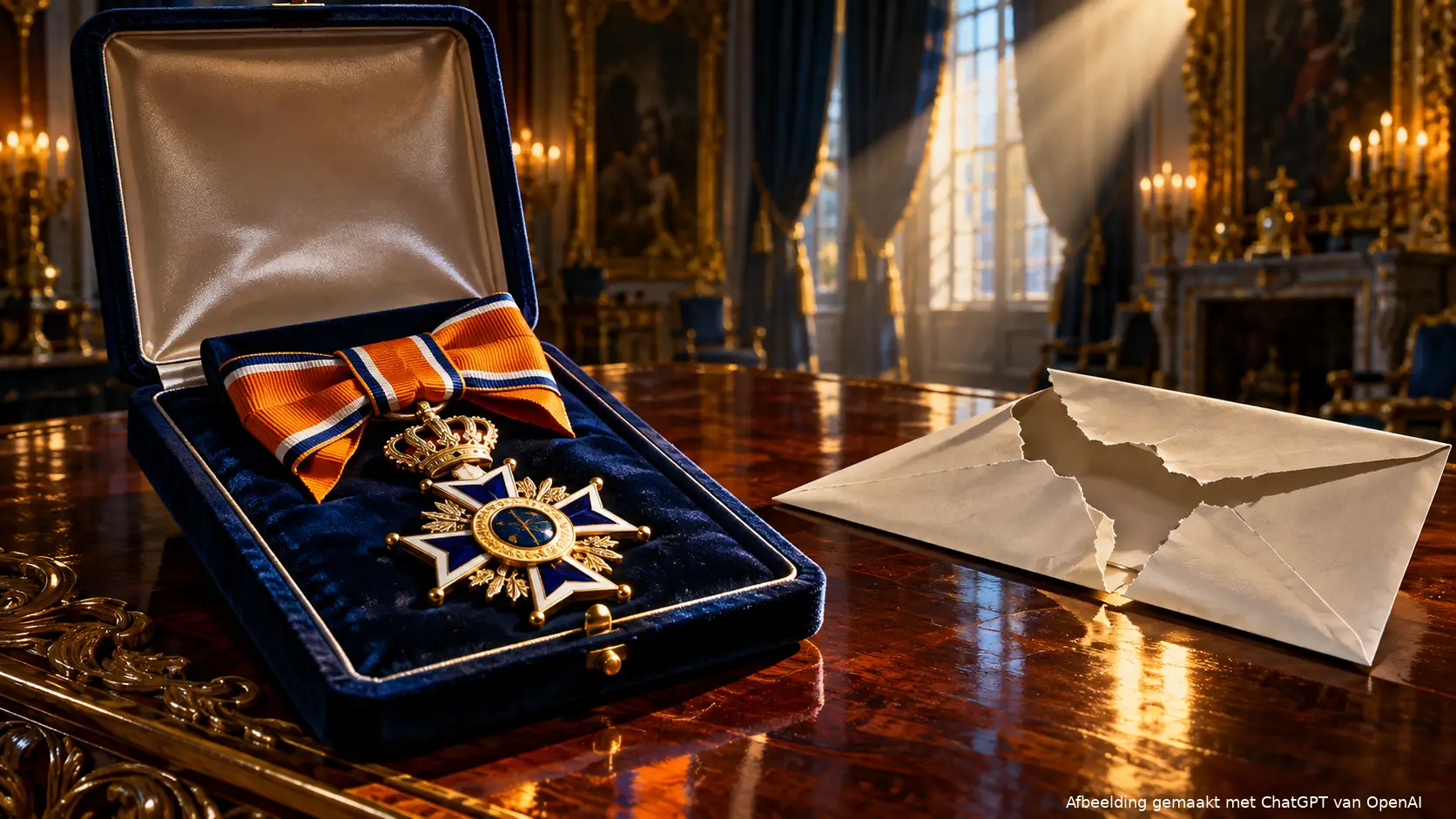Een ridderorde aan een oranje lint in een open etui, naast een opengescheurde envelop in een schemerig paleis