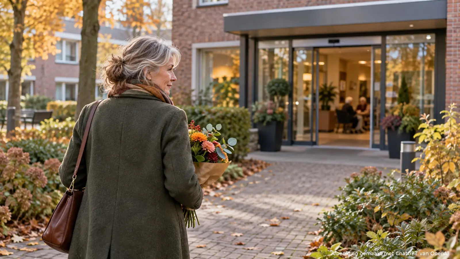 Vrouw met een bosje bloemen loopt in de herfst over een tuinpad naar de ingang van een woonzorgcentrum