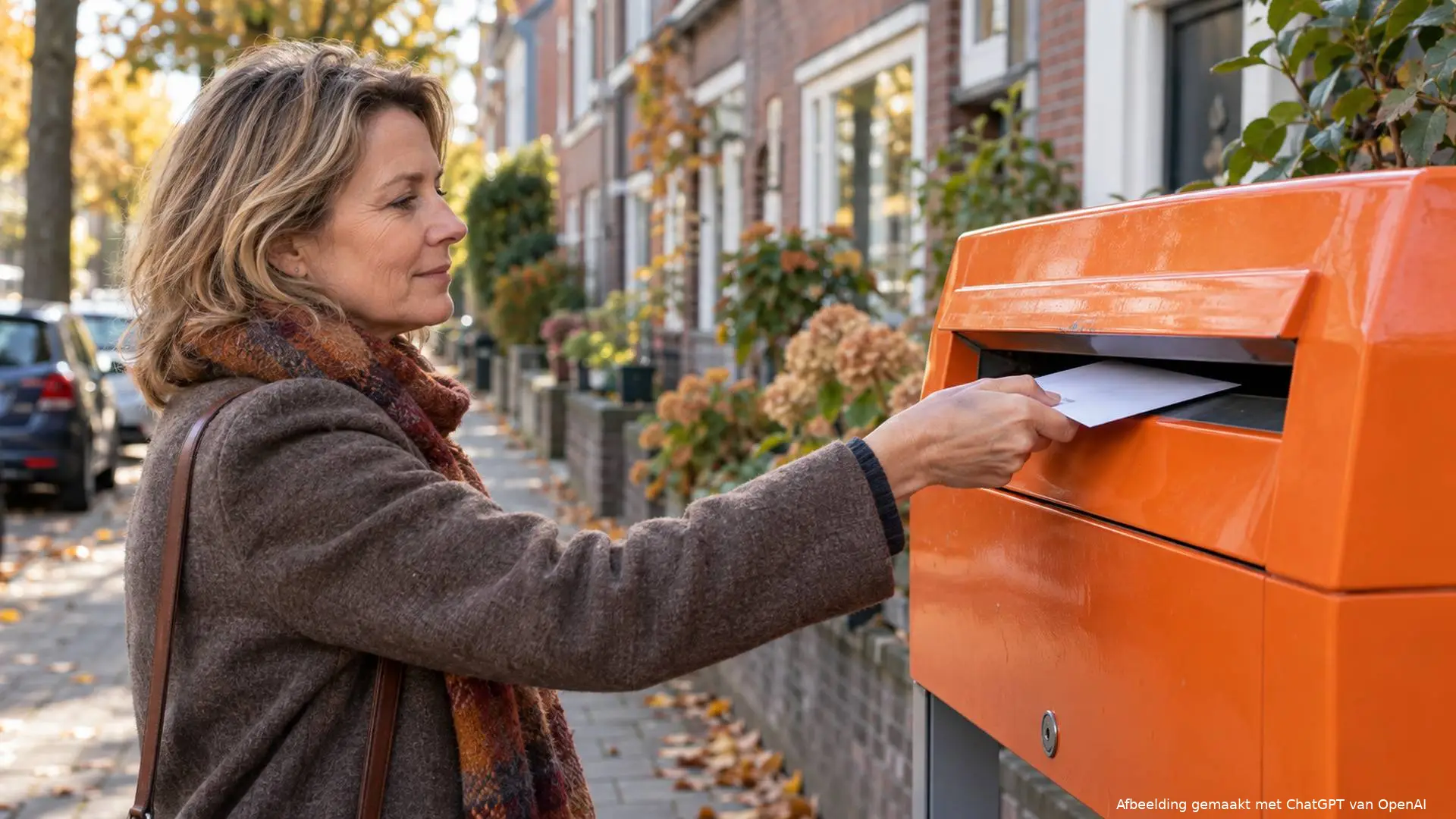 Een vrouw verstuurt een brief via een oranje straatbrievenbus.