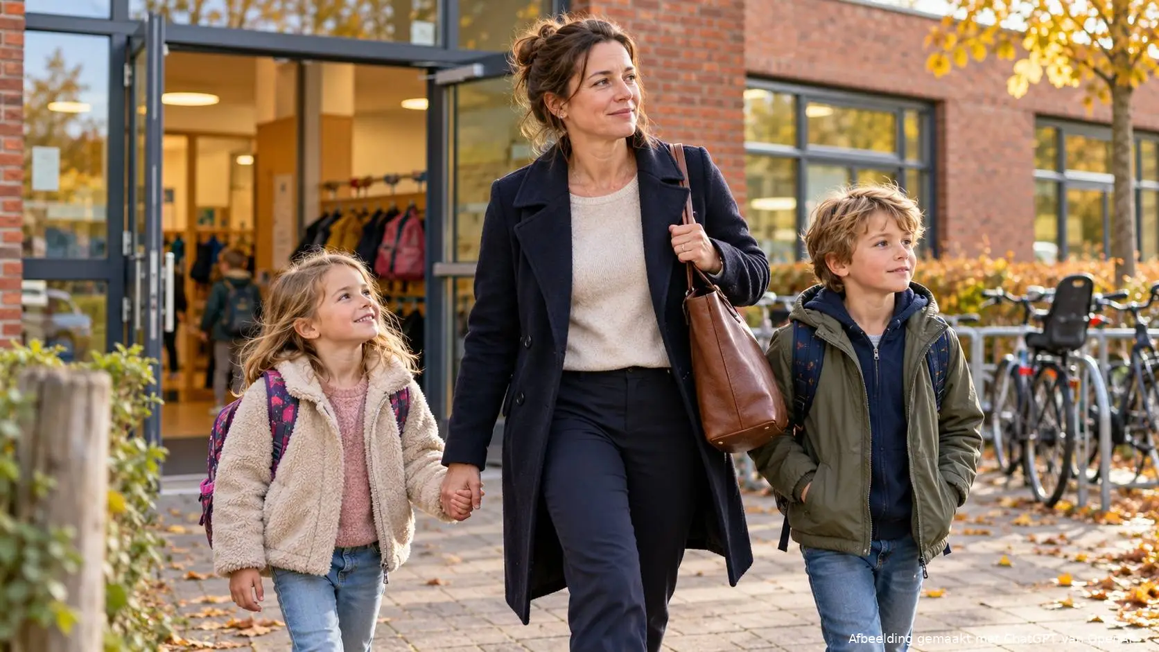 Moeder met werktas loopt met haar twee kinderen naar buiten bij de buitenschoolse opvang.