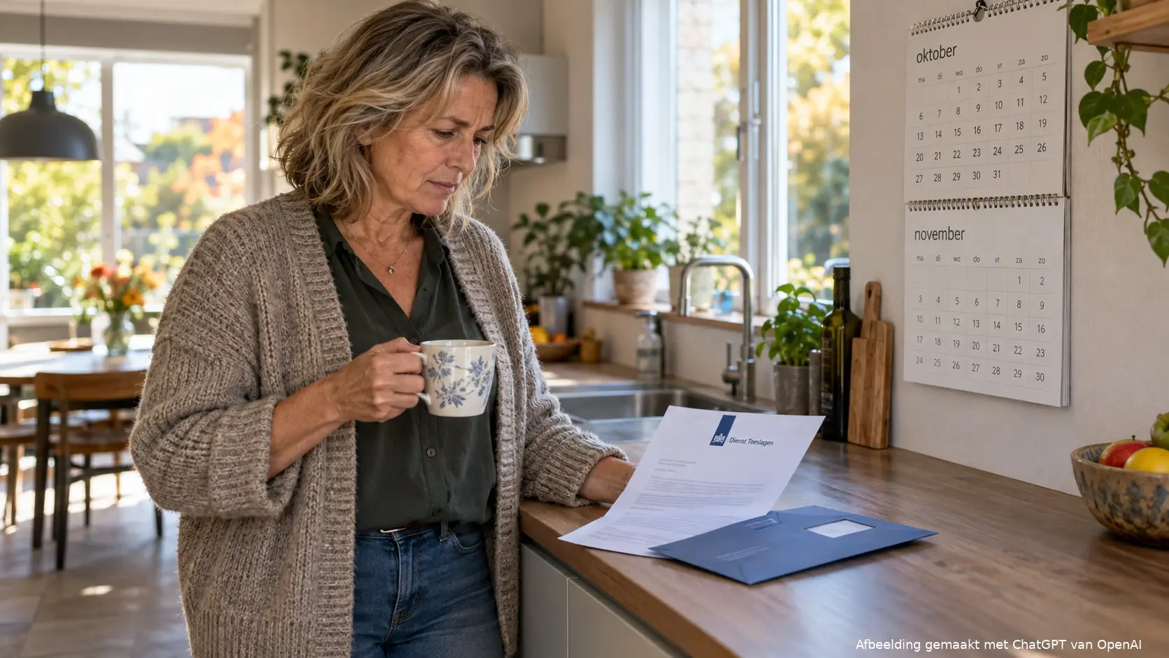 Vrouw bekijkt bij het aanrecht een brief van Dienst Toeslagen naast een wandkalender van het najaar.