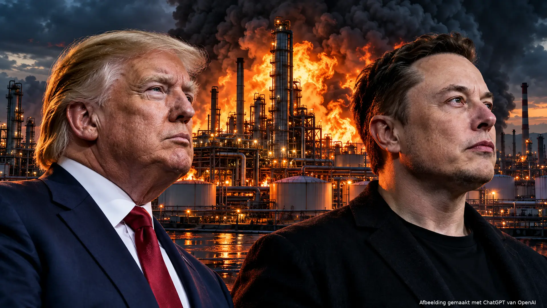 Illustratie van Donald Trump en Elon Musk tegen de achtergrond van een brandende olieraffinaderij.