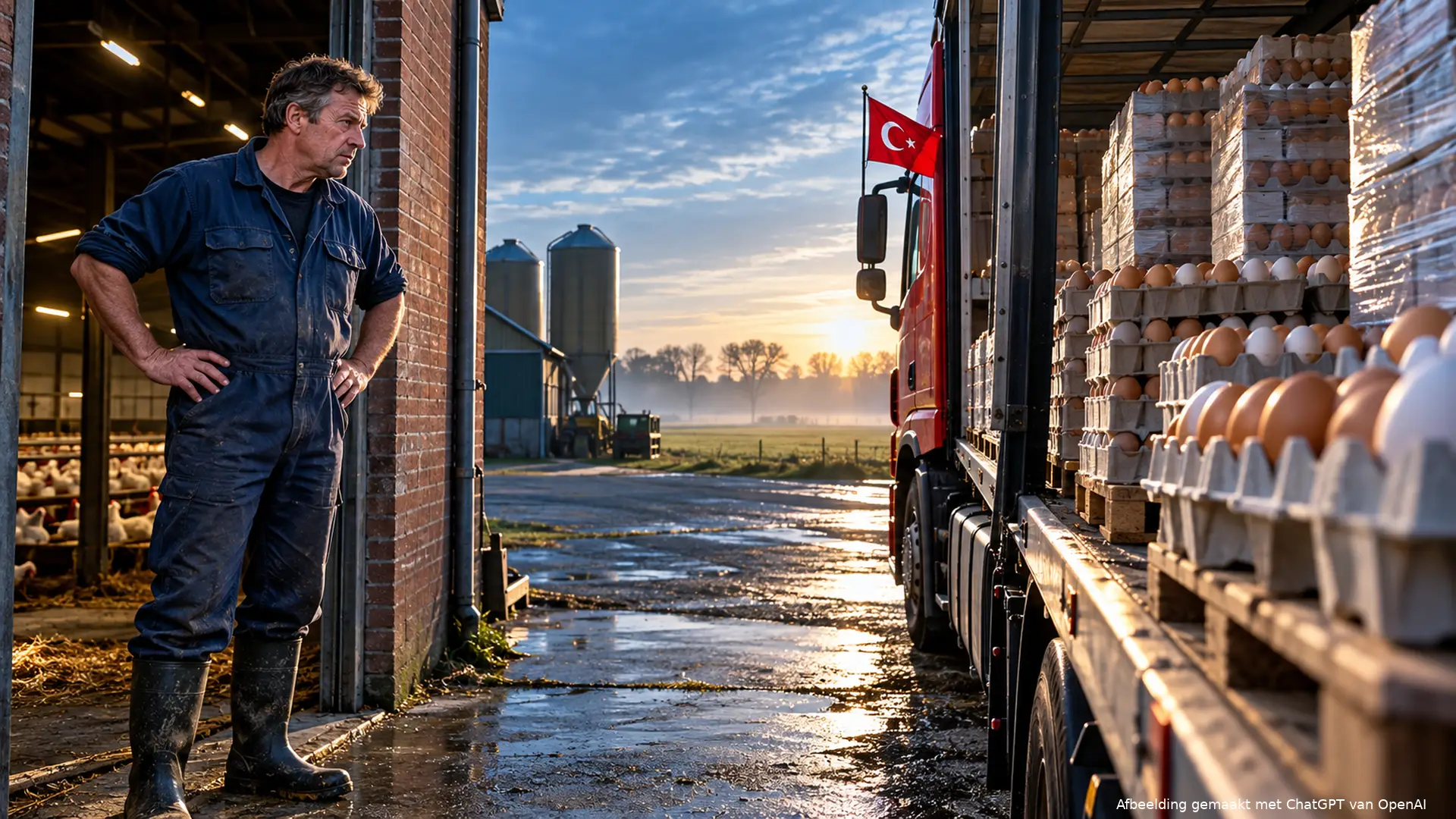 Pluimveehouder bij zijn stal kijkt naar een vrachtwagen met eierkratten en een Turks vlaggetje.