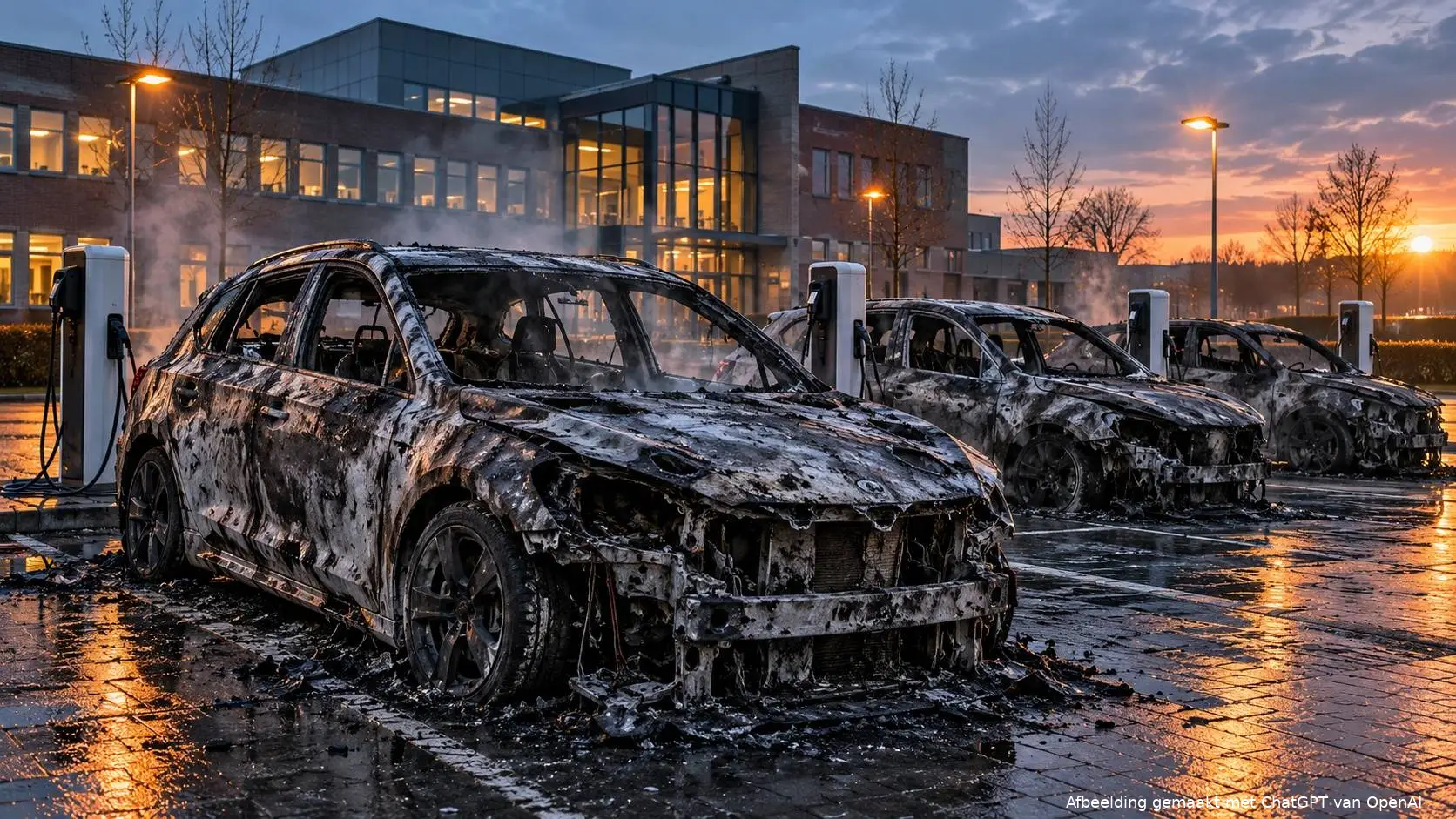Illustratie van drie uitgebrande auto’s bij laadpalen voor een gemeentekantoor.