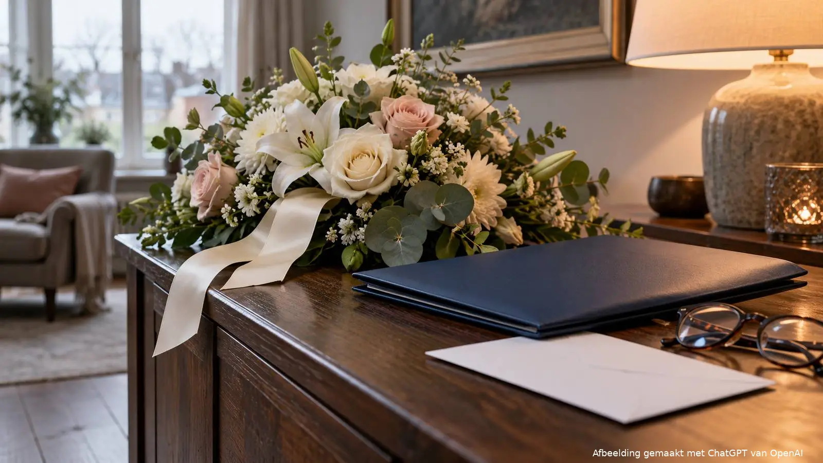 Uitvaartbloemen met een blanco lint naast een gesloten map, envelop en leesbril op een houten dressoir.