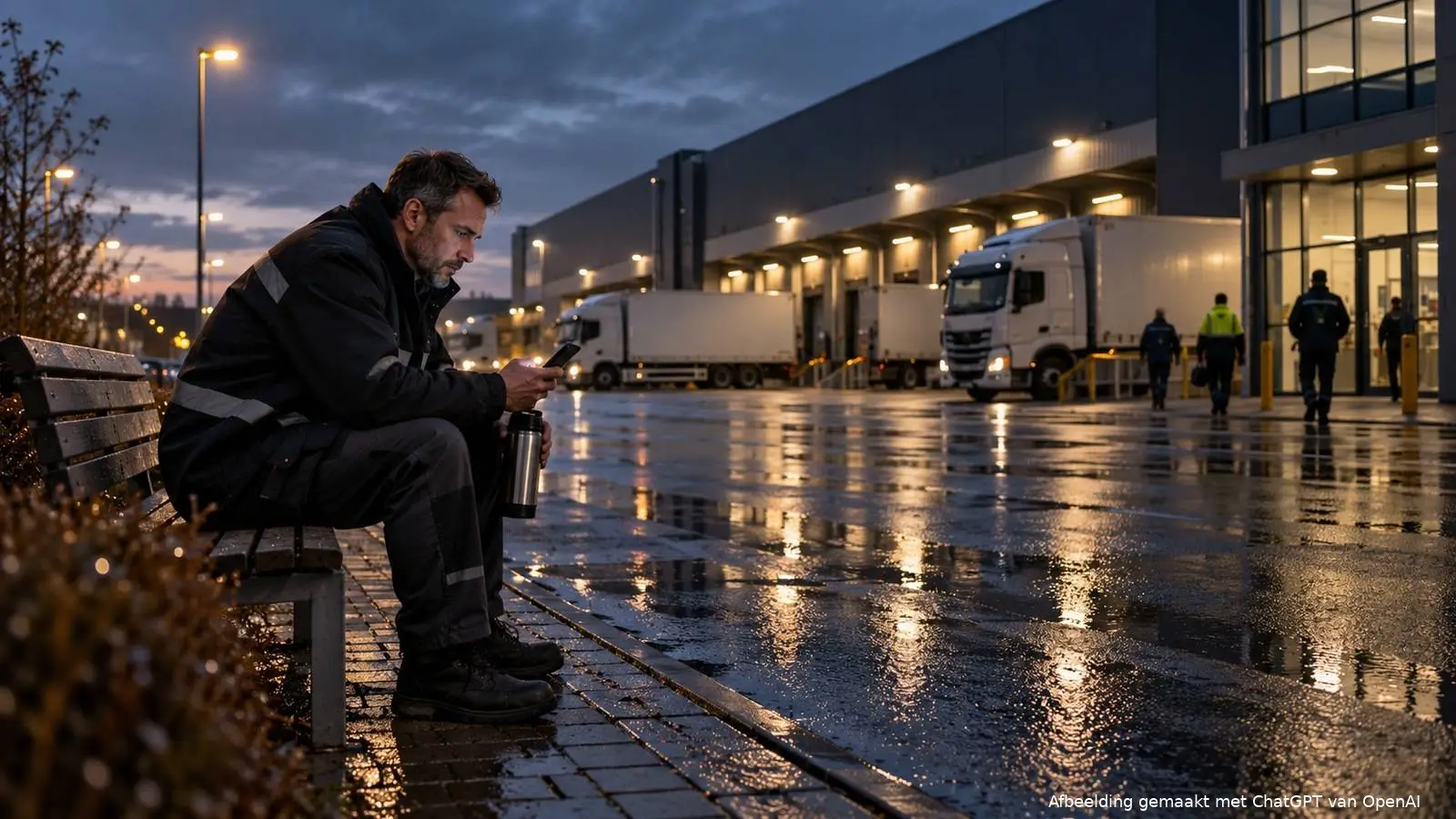 Man in werkkleding zit met een thermoskan op een bankje voor een distributiecentrum en kijkt op zijn telefoon.