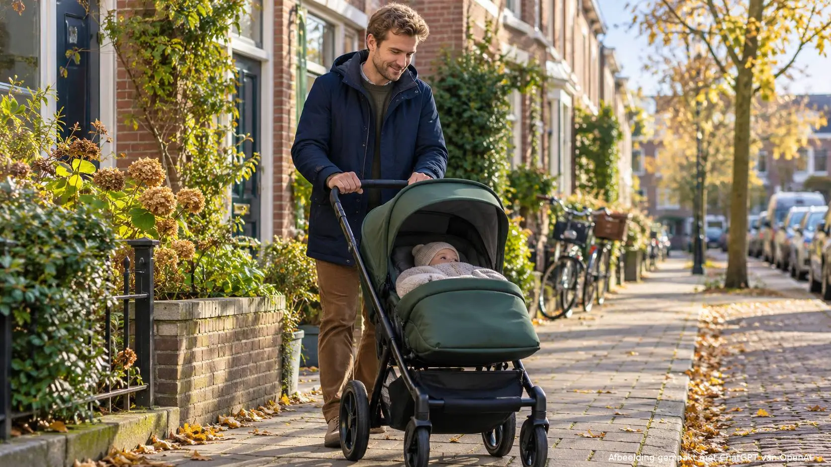 Vader duwt een kinderwagen met zijn baby over de stoep van een Nederlandse woonwijk op een herfstochtend.