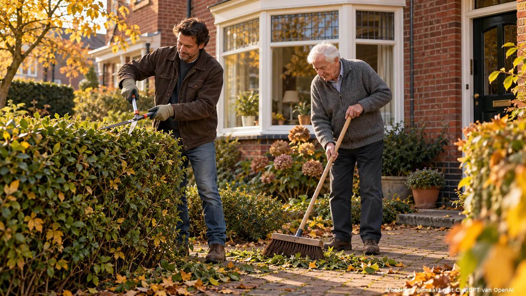 Zoon snoeit de heg terwijl zijn oudere vader takjes bijeenveegt voor een bakstenen jaren-dertigwoning met erker.