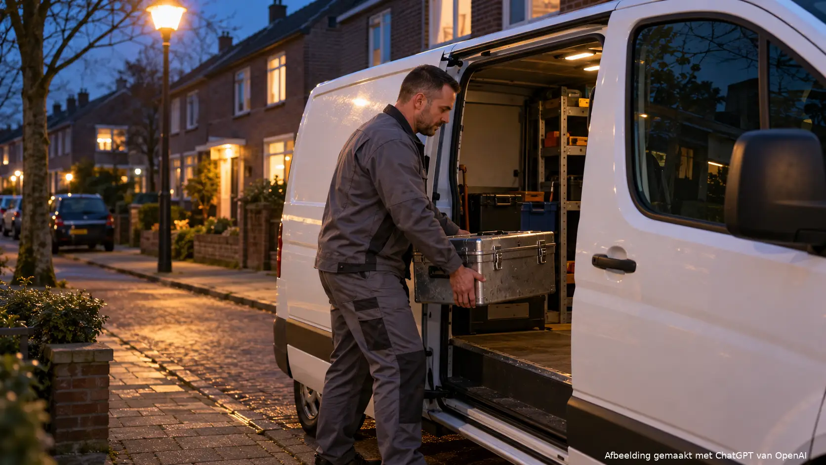 Man in werkkleding laadt ’s avonds een gereedschapskist door de schuifdeur van een witte bestelbus.
