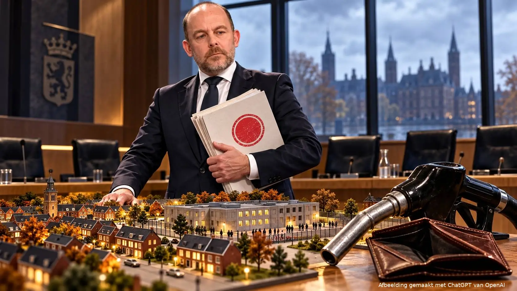 AI-illustratie van Van den Brink met een beleidsmap bij een maquette van een dorp en opvanggebouw, met een benzinepistool en lege portemonnee op de voorgrond.
