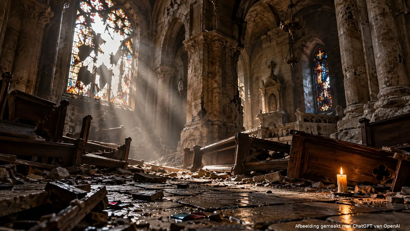 Verwoeste kerk met gebroken glas-in-loodraam, omgevallen banken en één brandende kaars