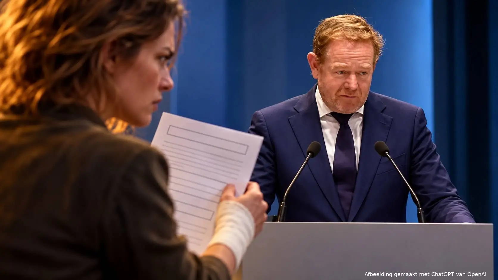 Van Weel achter een spreekgestoelte, op de voorgrond een vrouw met verband om haar pols en een formulier