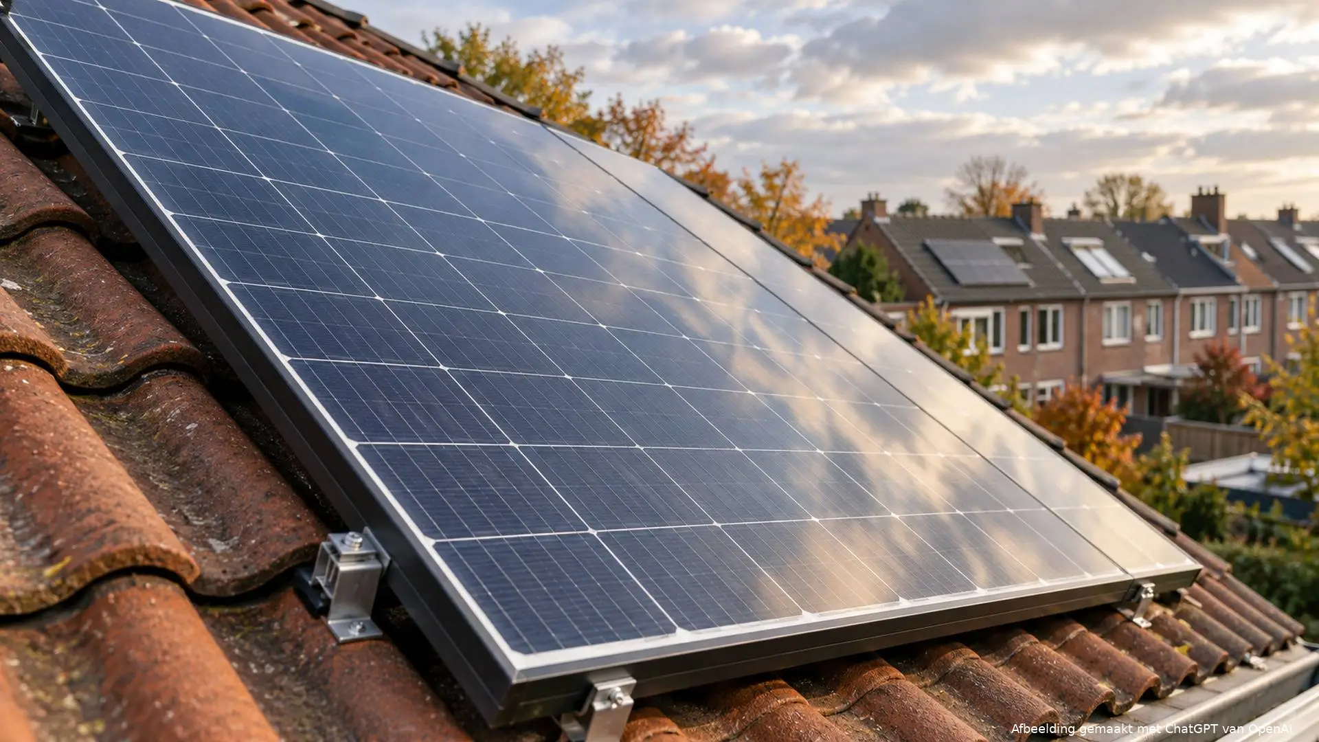 Zonnepanelen op het pannendak van een Nederlandse rijtjeswoning.