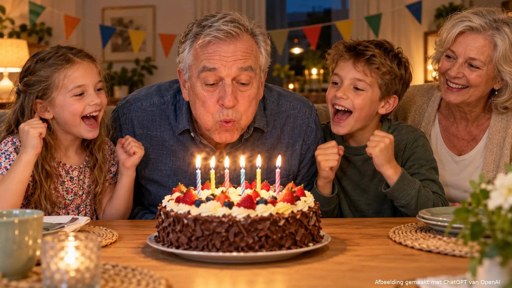 Man blaast de kaarsjes op zijn verjaardagstaart uit terwijl twee kleinkinderen juichen en zijn vrouw lachend toekijkt.