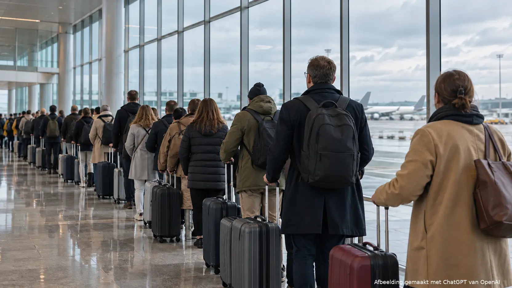 Lange wachtrij van reizigers met rolkoffers en herfstjassen in een lichte vertrekhal van een luchthaven, gezien van achteren