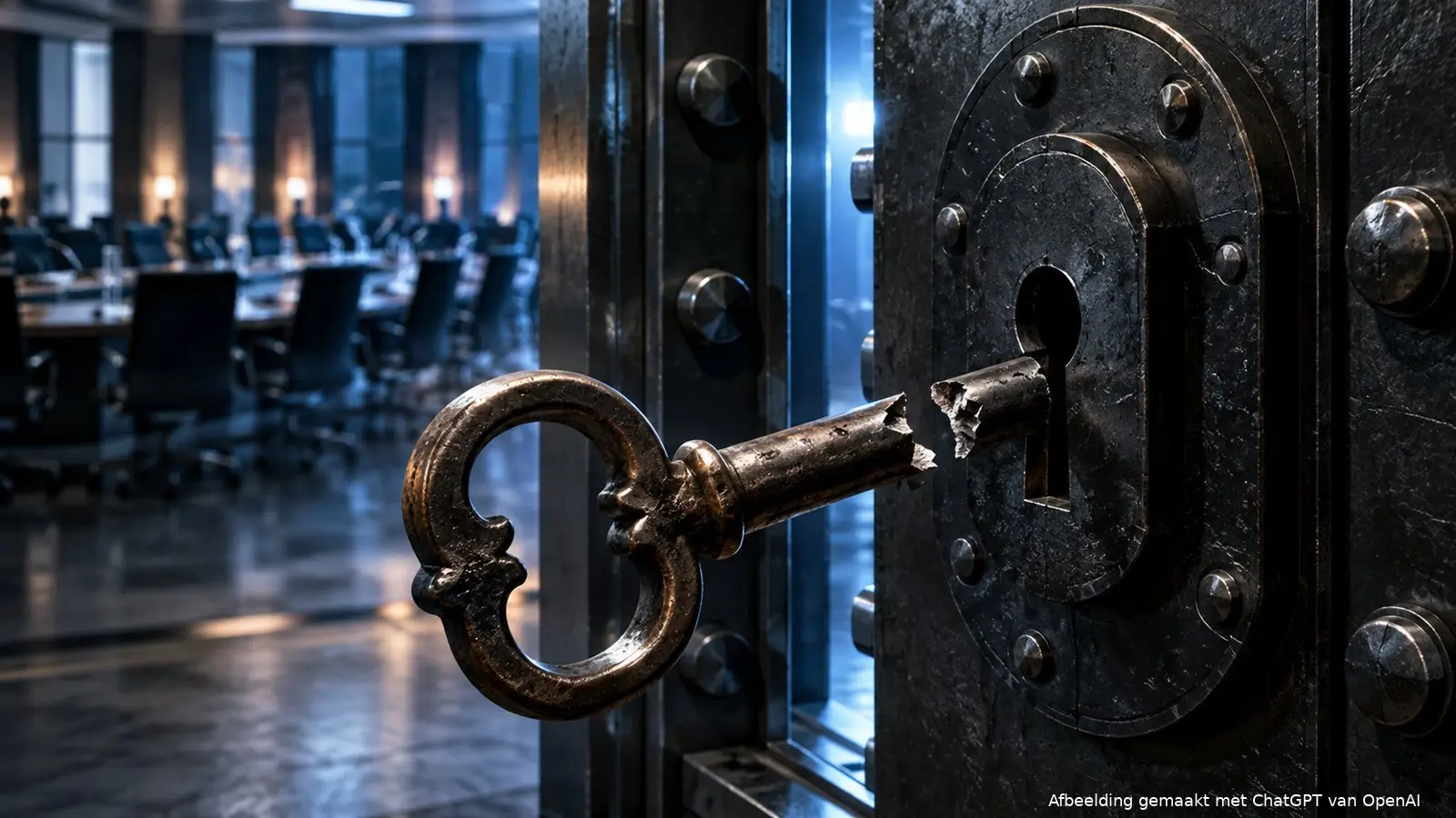 Afgebroken sleutel in het slot van een zware stalen kluisdeur