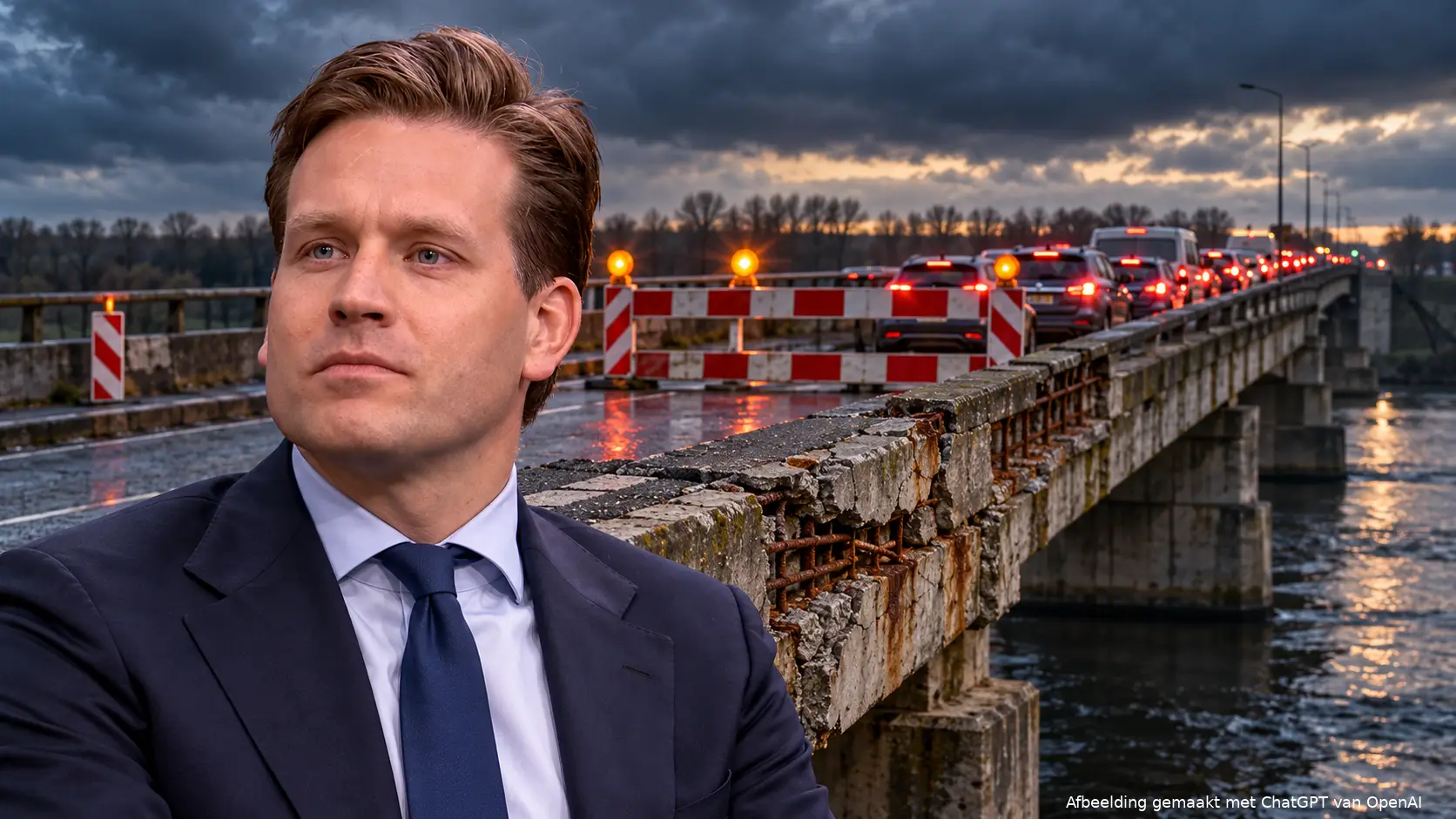 Illustratie van Vincent Karremans bij een afbrokkelende, afgesloten verkeersbrug met knipperlichten en een lange file.