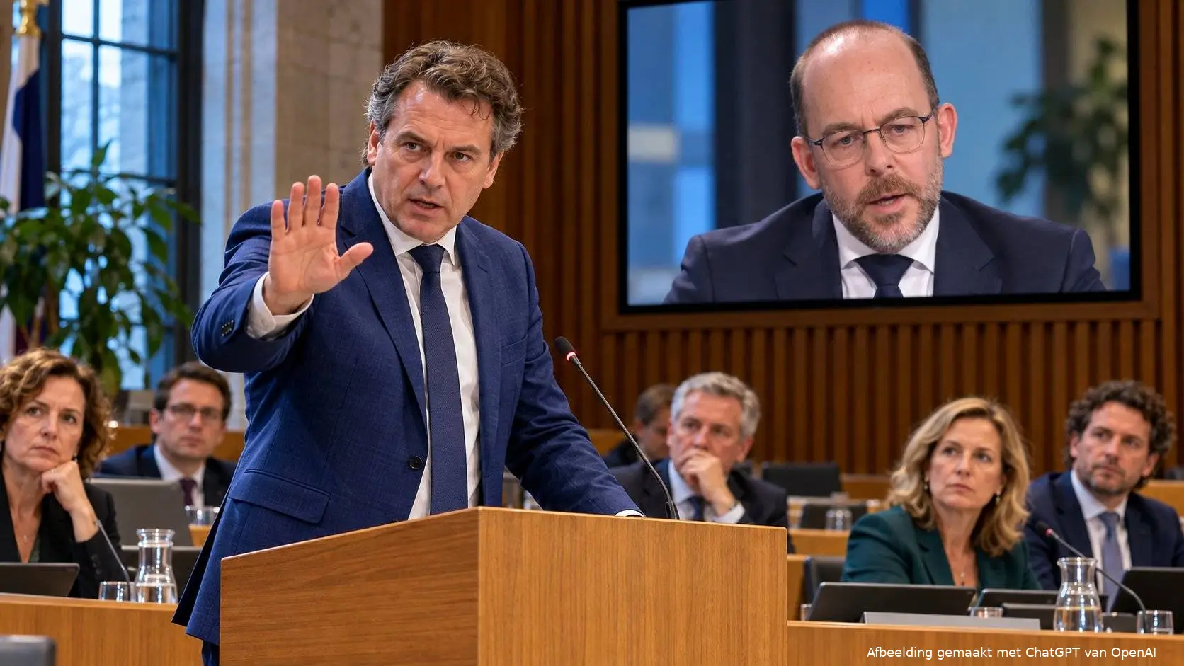Wethouder in blauw pak steekt zijn hand op achter een spreekgestoelte, raadsleden kijken toe, Van den Brink op groot scherm