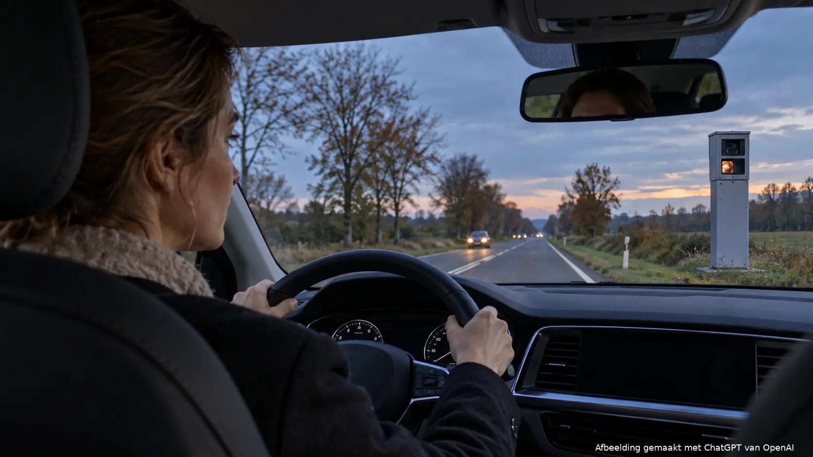 Vrouw rijdt in de schemering over een provinciale weg met een grijze flitspaal in de berm.