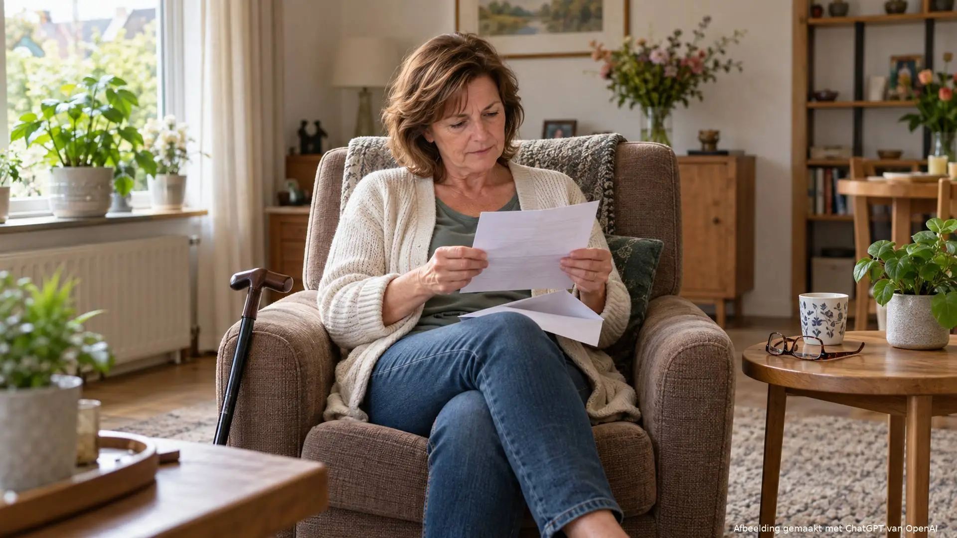 Vrouw in een fauteuil leest een brief, met een wandelstok tegen haar stoel.