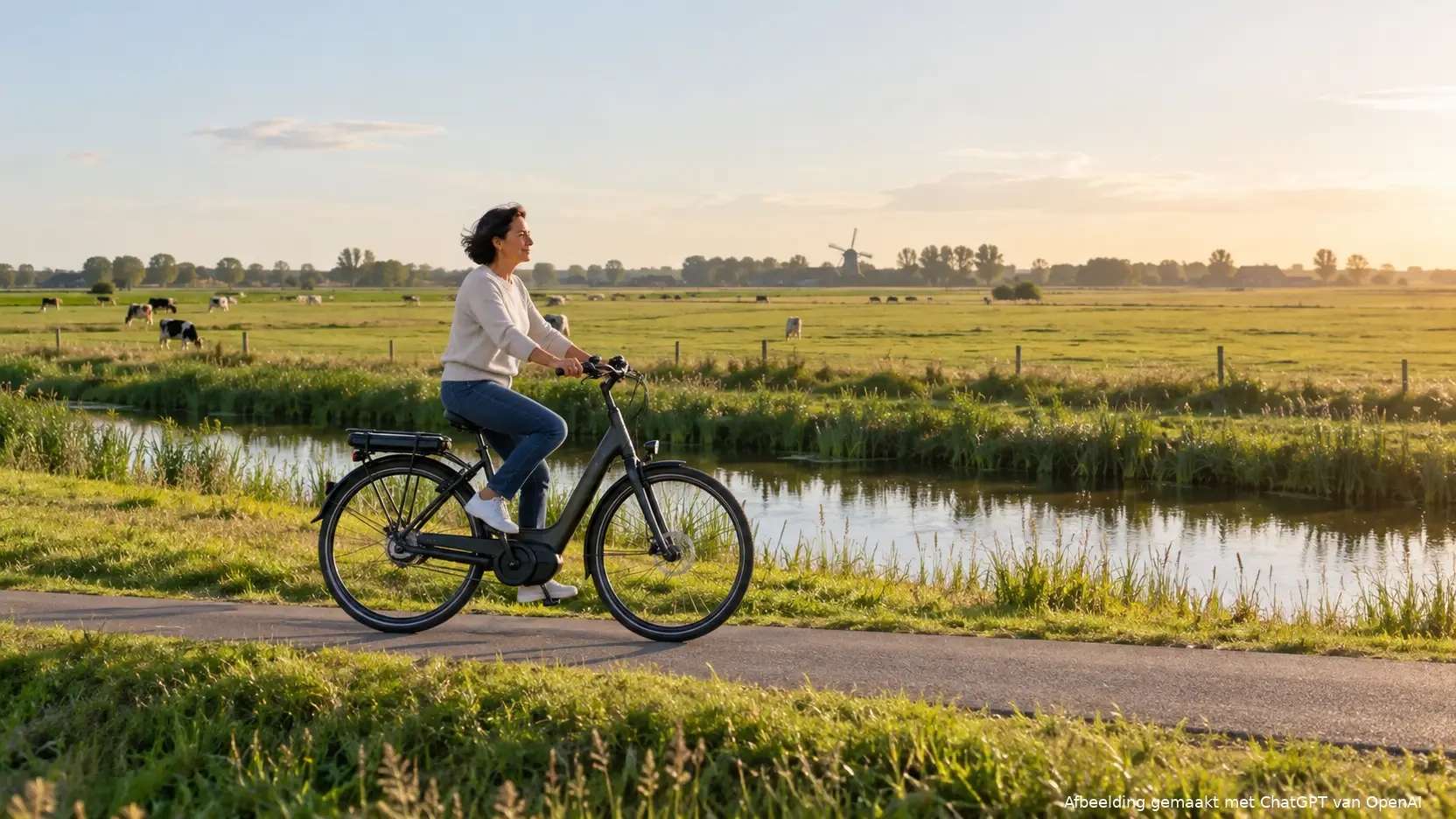 Vrouw op een elektrische stadsfiets op een dijk met weilanden en een sloot in het licht van de late middagzon