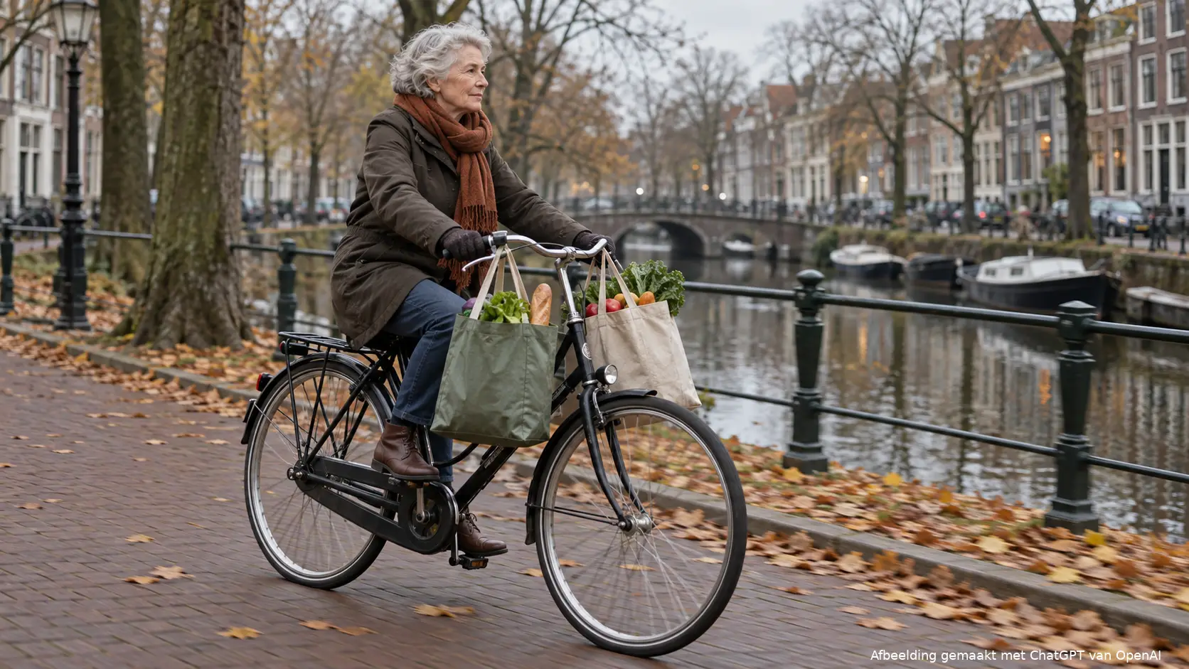 Oudere vrouw met een sjaal fietst met twee volle boodschappentassen langs een Nederlandse gracht in het najaar.