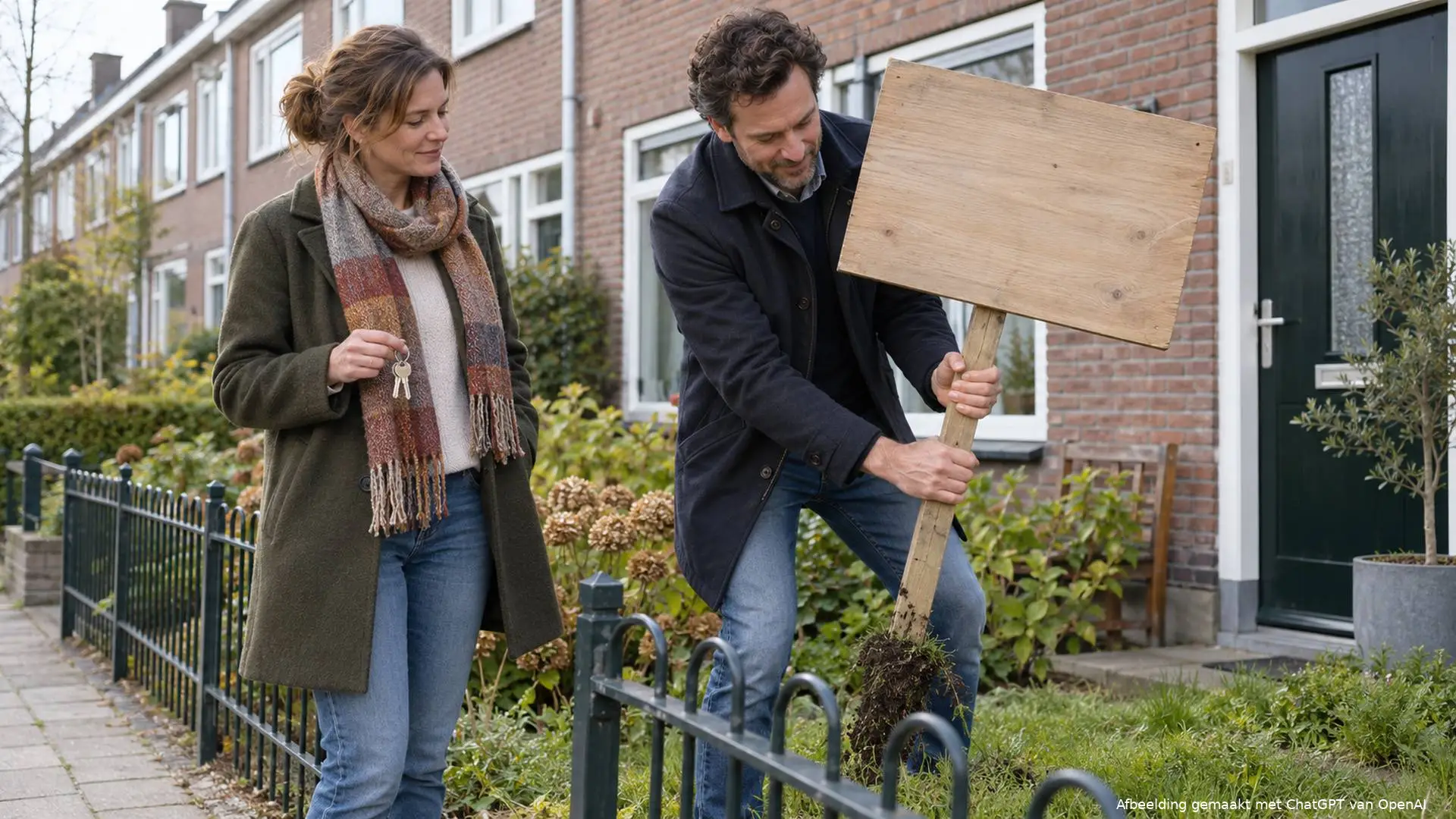 Vrouw met sleutelbos in de voortuin van een rijtjeshuis terwijl een man het houten verkoopbord weghaalt.