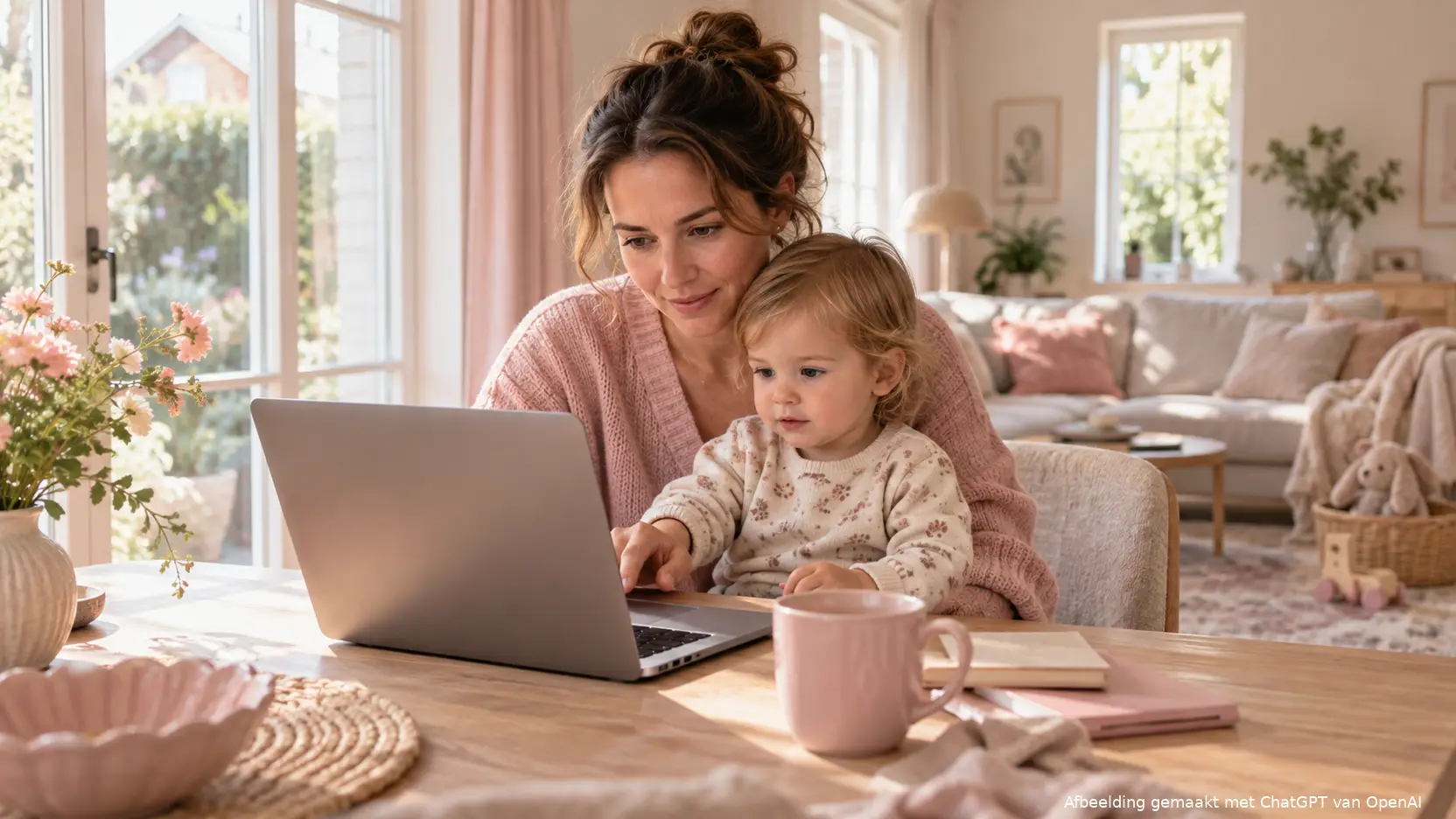 Vrouw met een peuter op schoot vergelijkt aan de eettafel op een laptop, in zacht daglicht