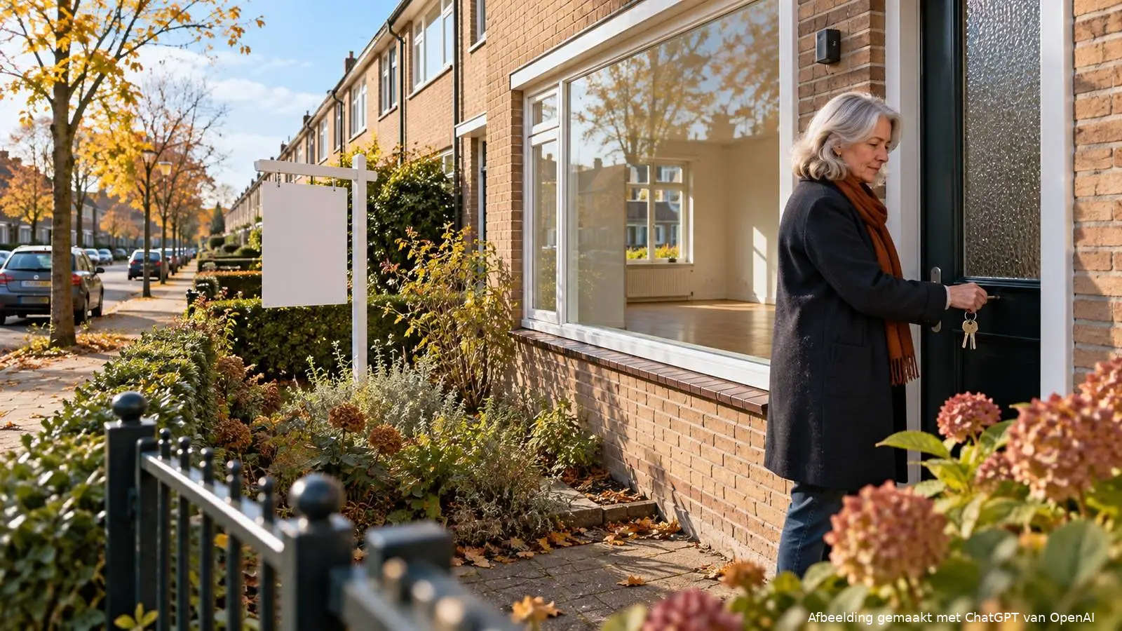 Vrouw van rond de 65 sluit de voordeur af van een rijtjeswoning met een verkoopbord in de voortuin.
