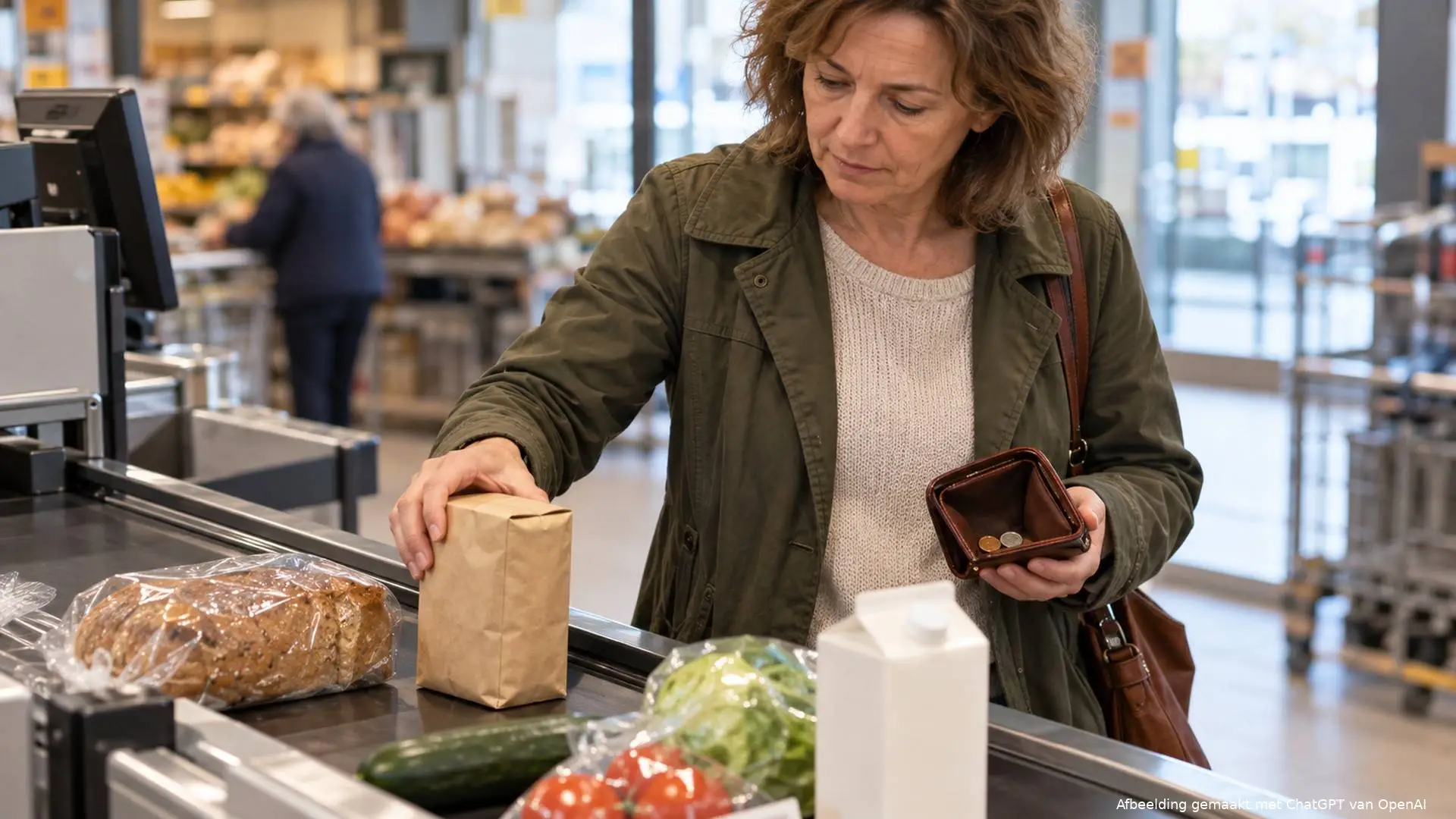 Vrouw van rond de vijftig legt aan de supermarktkassa een pak koffie terug, met een bijna lege portemonnee