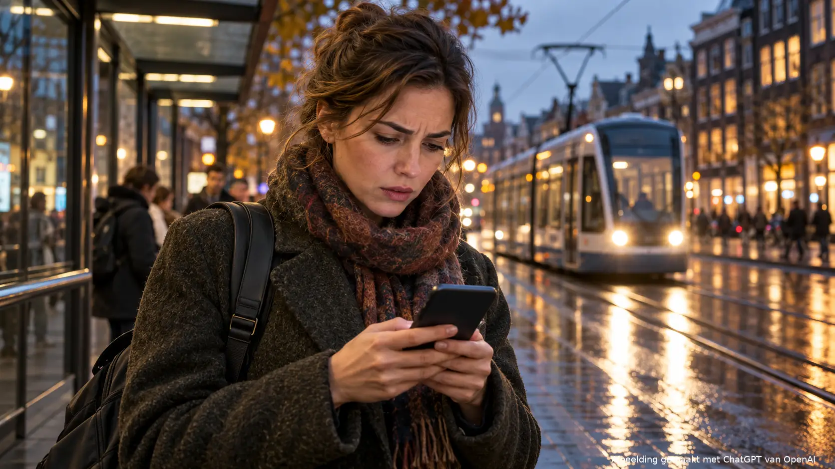 Vrouw kijkt bezorgd naar haar telefoon bij een tramhalte op een natte herfstavond, terwijl een tram nadert.