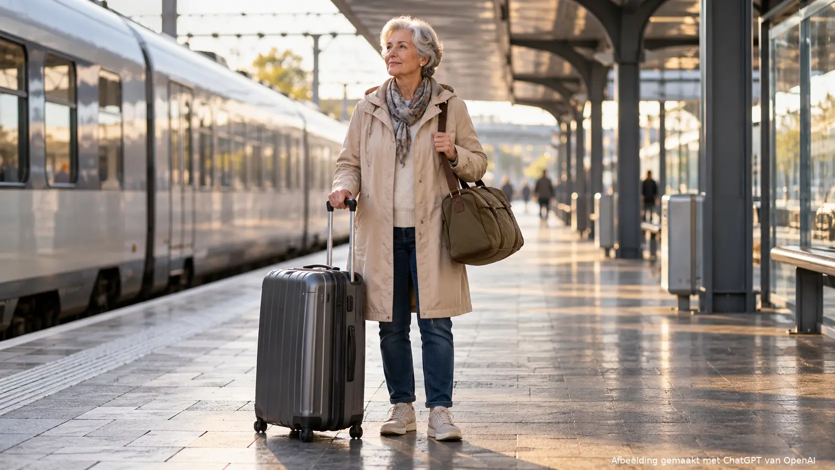 Oudere vrouw met een rolkoffer en reistas staat in het ochtendlicht op een Nederlands stationsperron.
