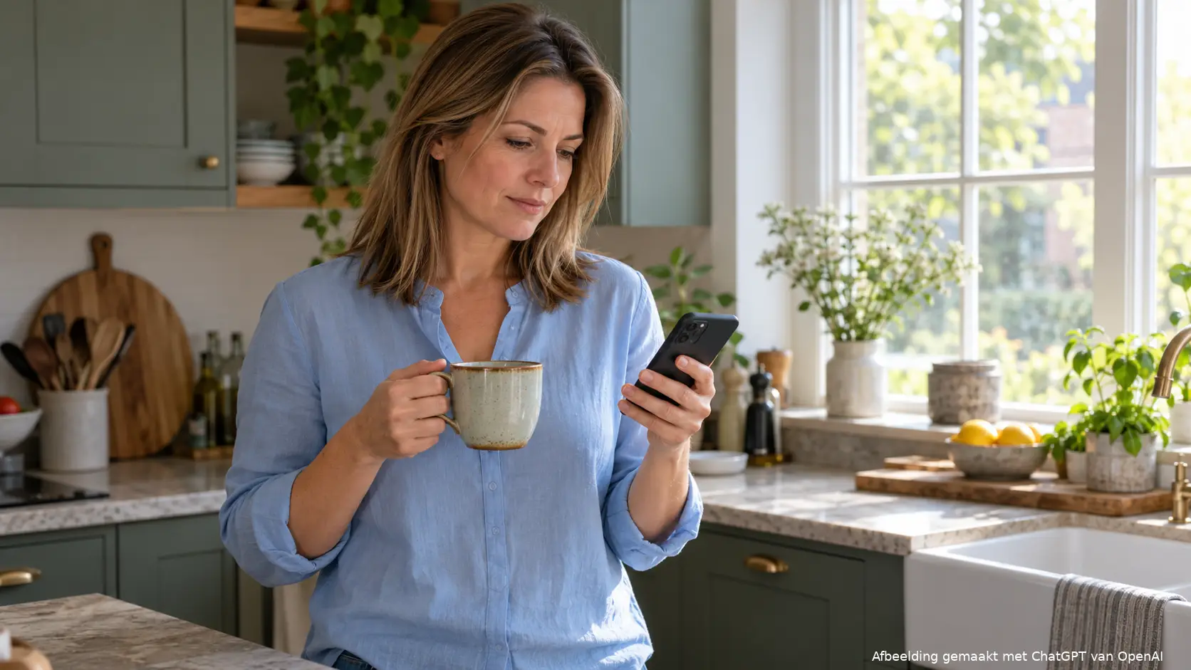 Vrouw bekijkt haar telefoon met een kop thee in de hand bij het keukenraam.