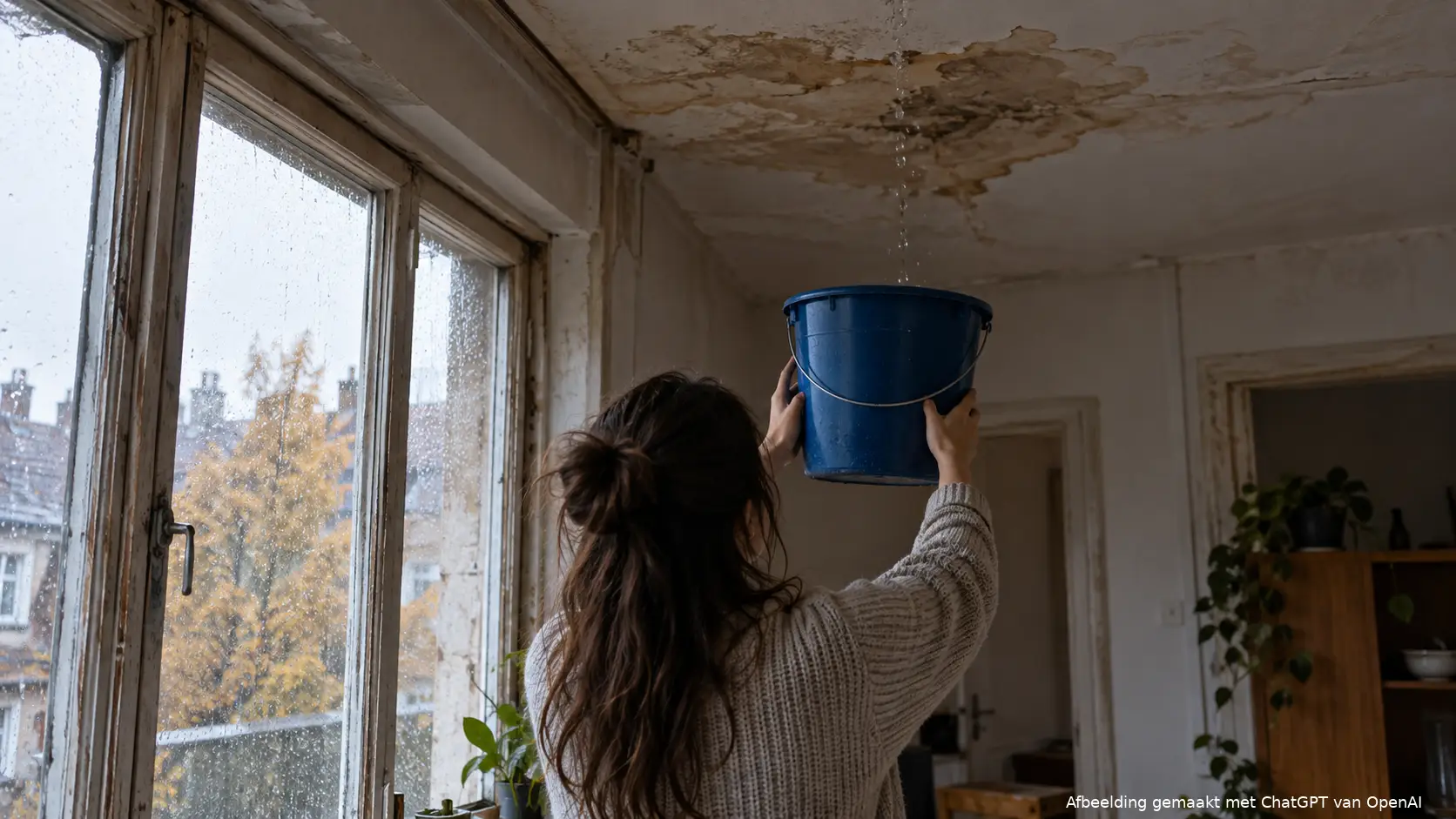 Vrouw houdt een blauwe emmer onder een lekkend plafond met een vochtvlek in een oude huurwoning.
